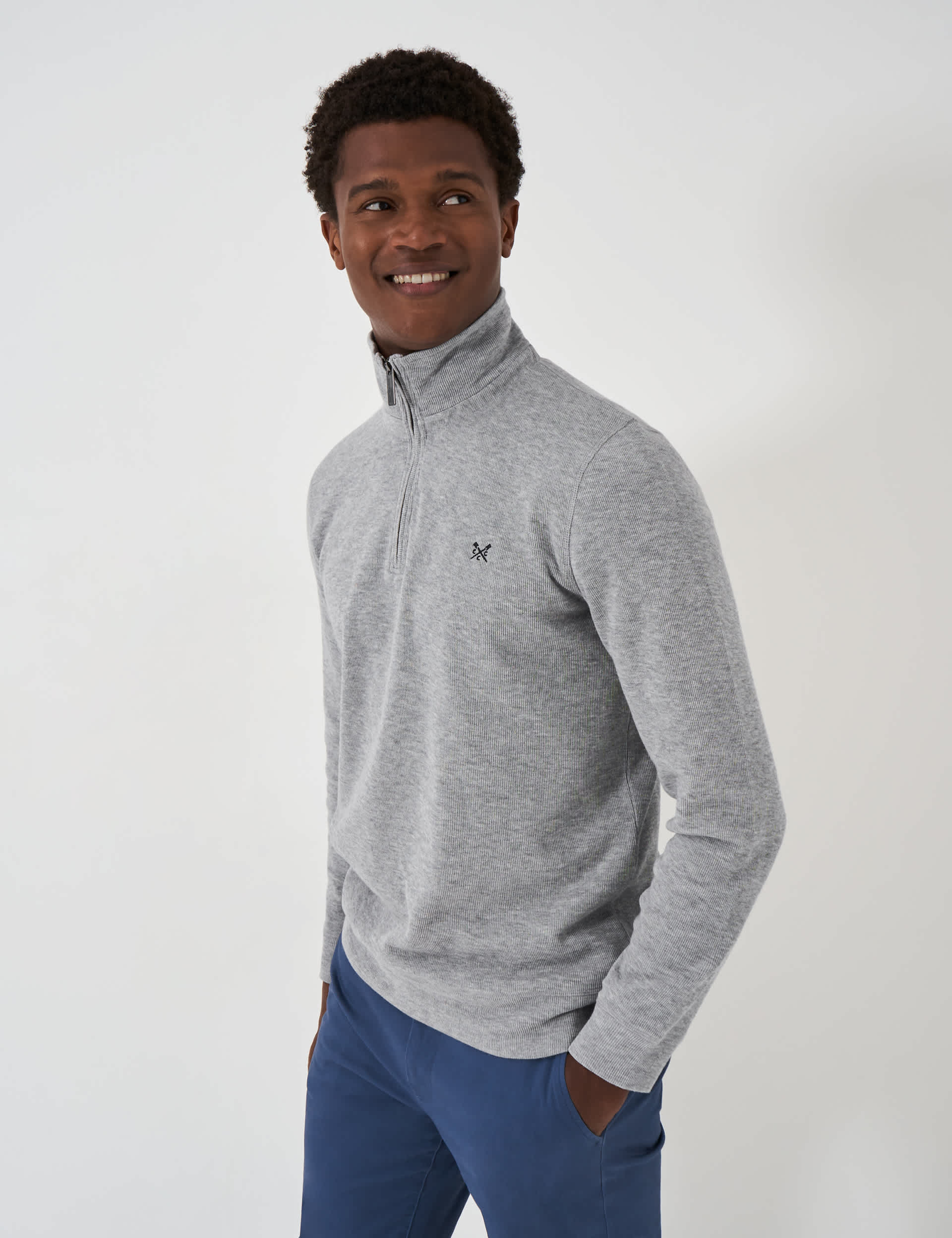 Crew Clothing Men's Pure Cotton Ribbed Half Zip Sweatshirt - Grey Marl, Grey Marl