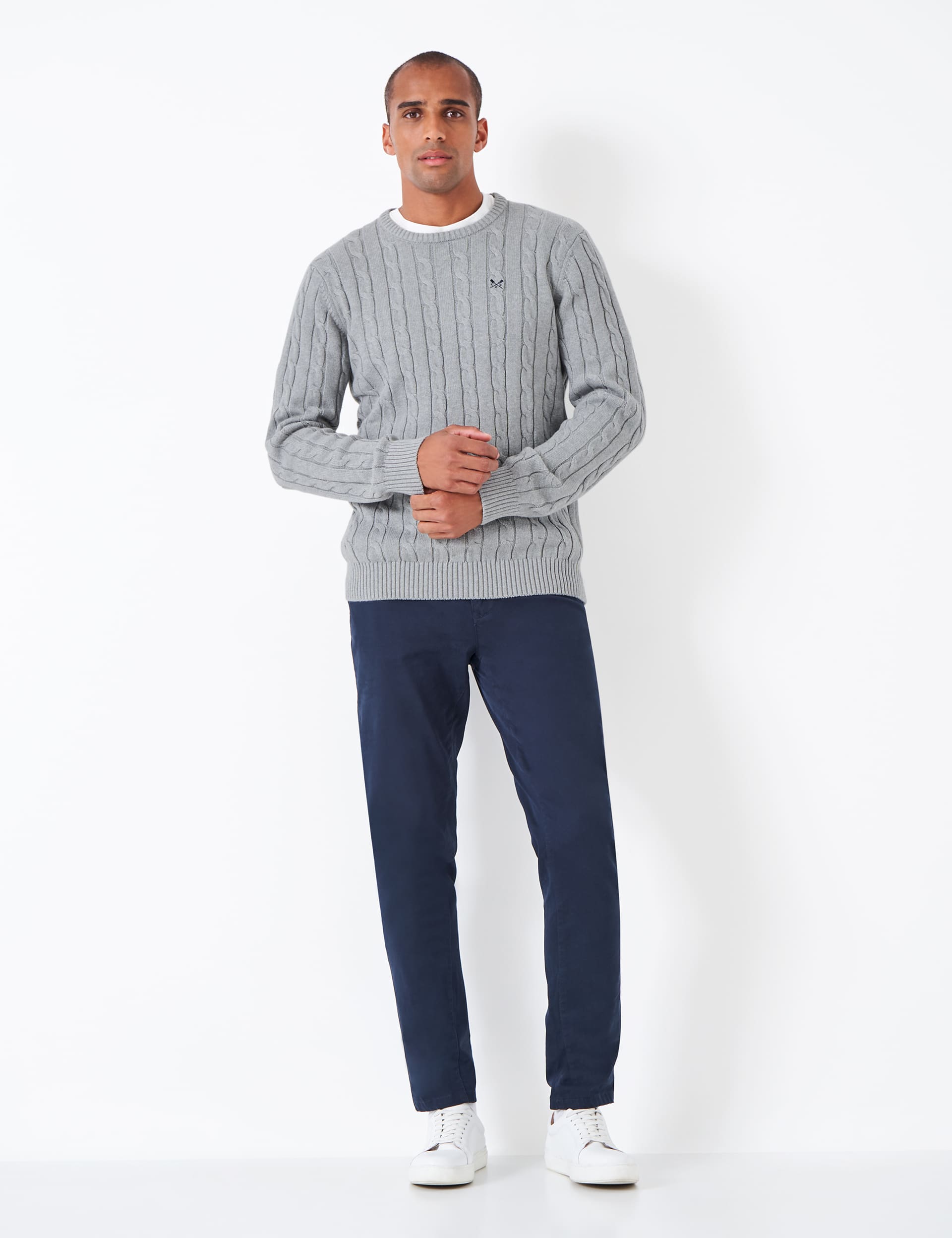 Crew Clothing Men's Pure Cotton Cable Crew Neck Jumper - Grey Marl, Grey Marl,Dark Navy