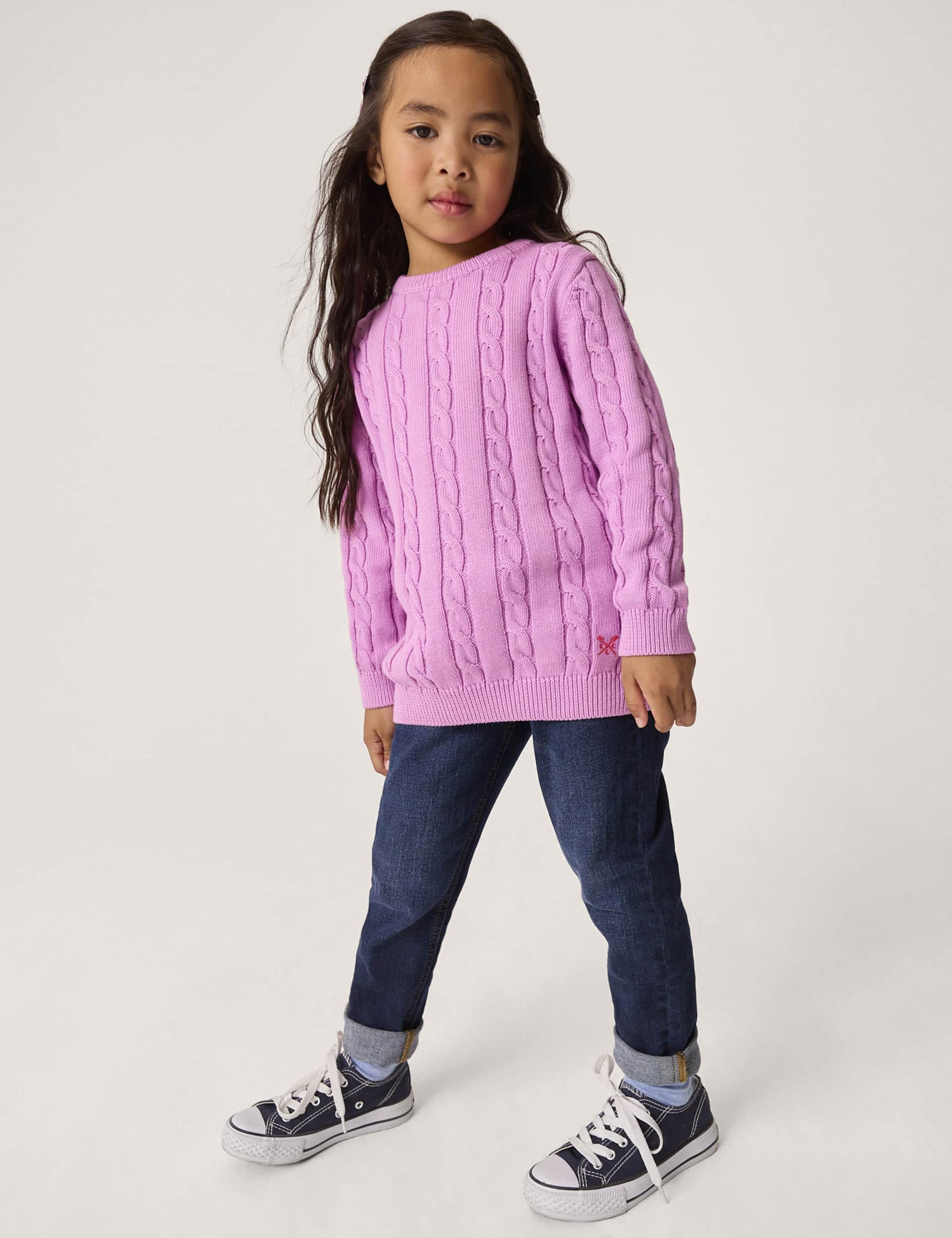 Crew Clothing Girls Pure Cotton Cable Knit Jumper (3-12 Yrs) - 9-10Y - Purple, Purple,Pink,Light Blu