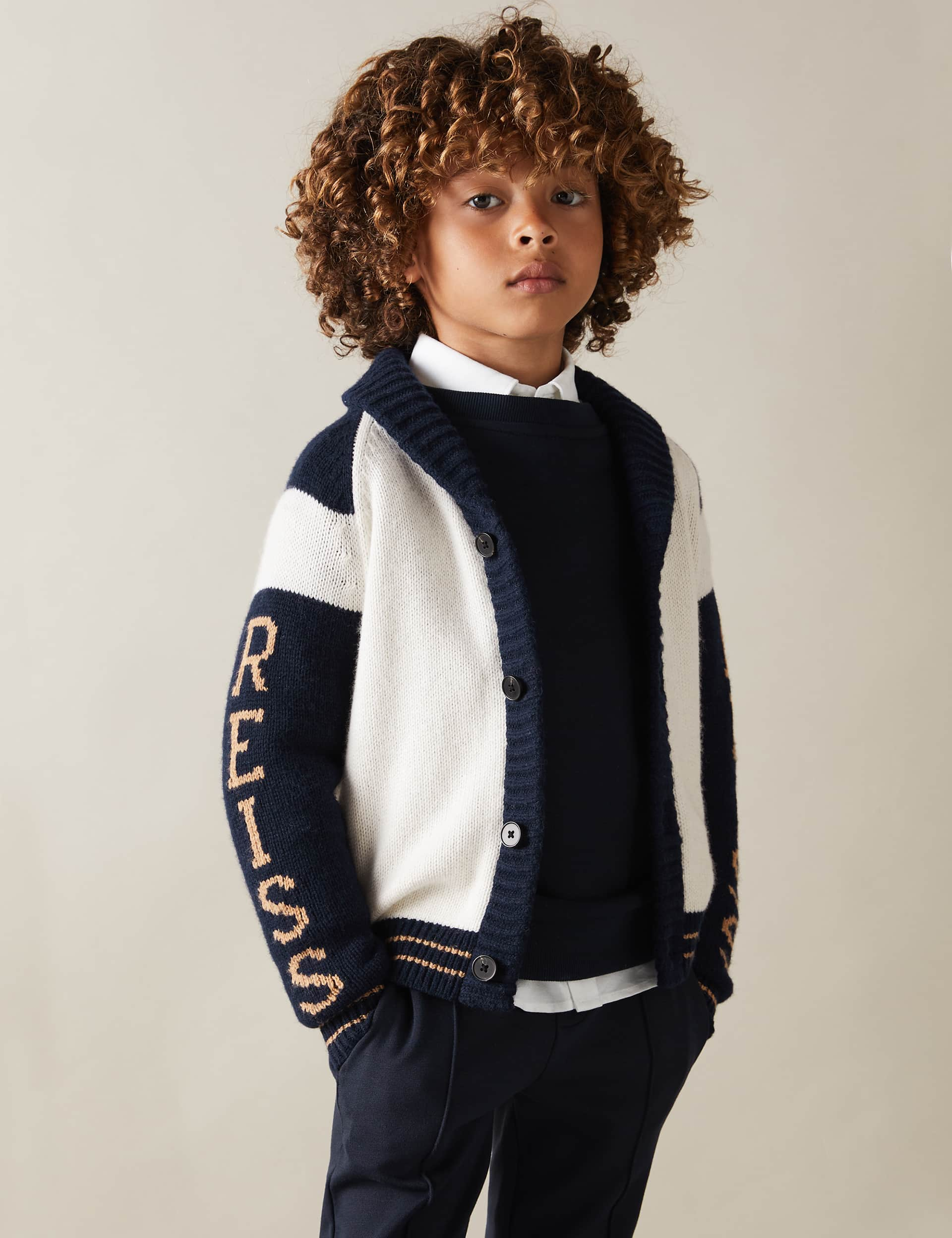 Reiss Boys Cotton Blend Slogan Cardigan with Wool (3-14 Yrs) - 7-8 Y - White Mix, White Mix