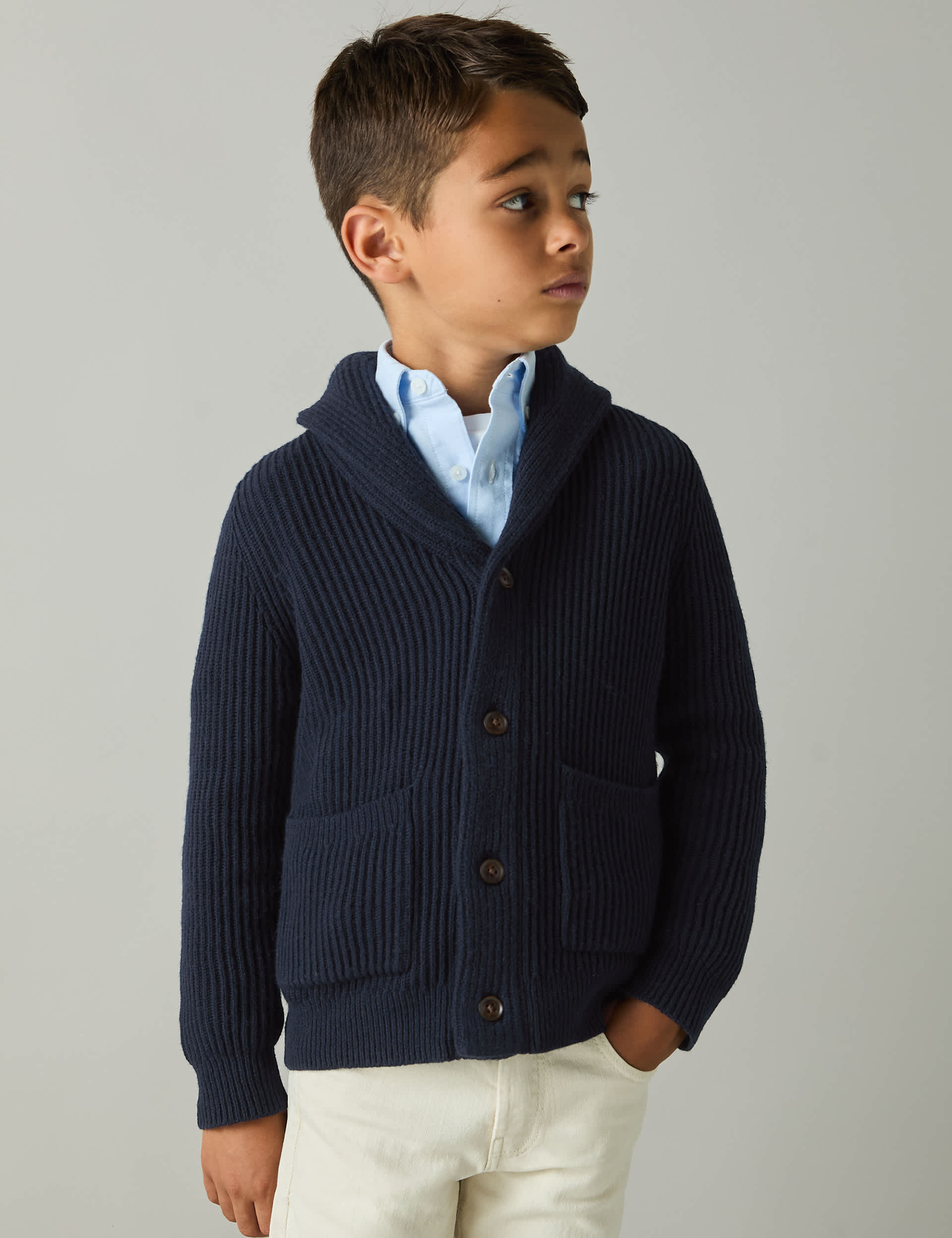 Reiss Boys Cotton Blend Ribbed Cardigan (3-14 Yrs) - 8-9 Y - Dark Blue, Dark Blue,White