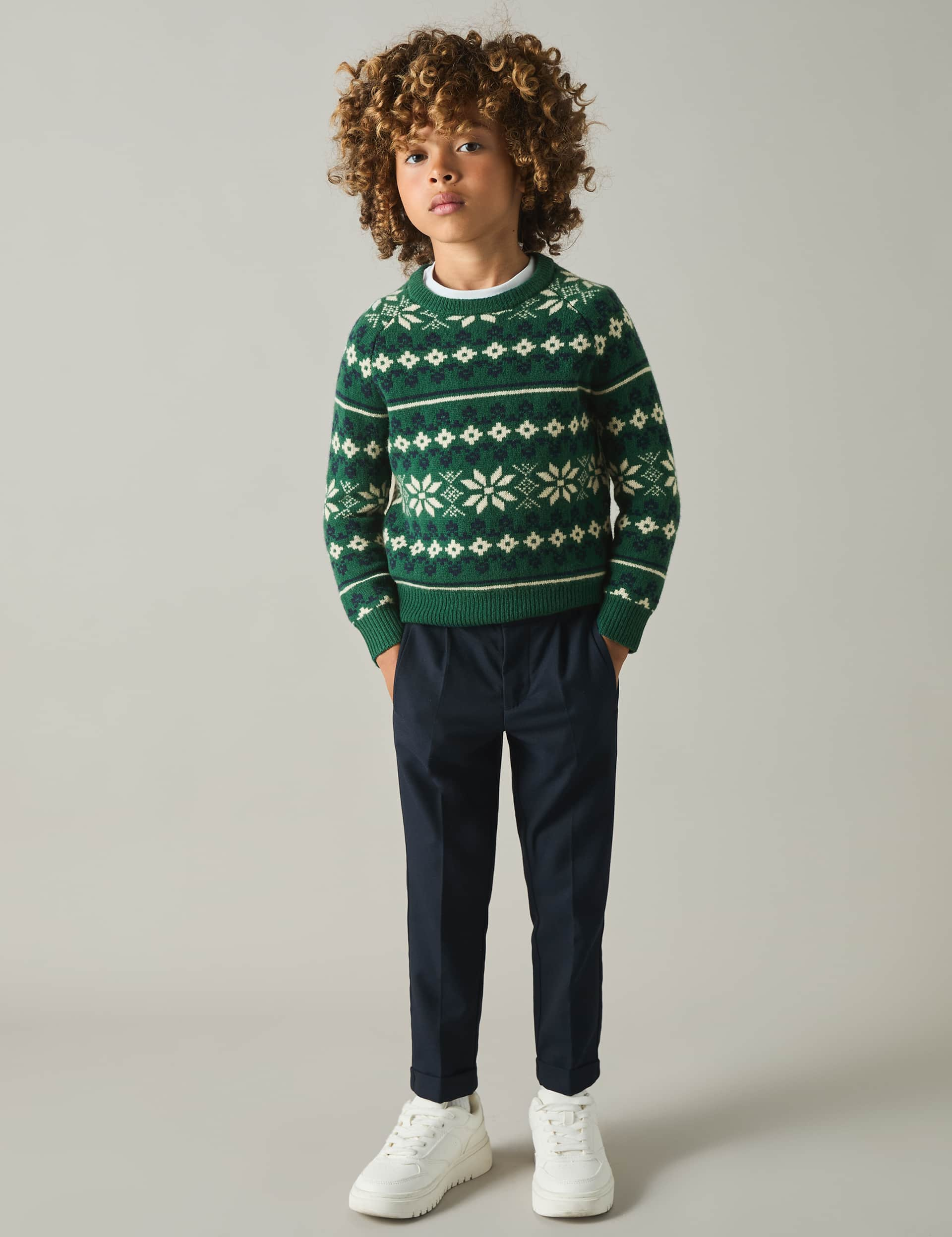 Reiss Boys Pure Wool Fair Isle Jumper (3-14 Yrs) - 12-13 - Green Mix, Green Mix,Blue Mix