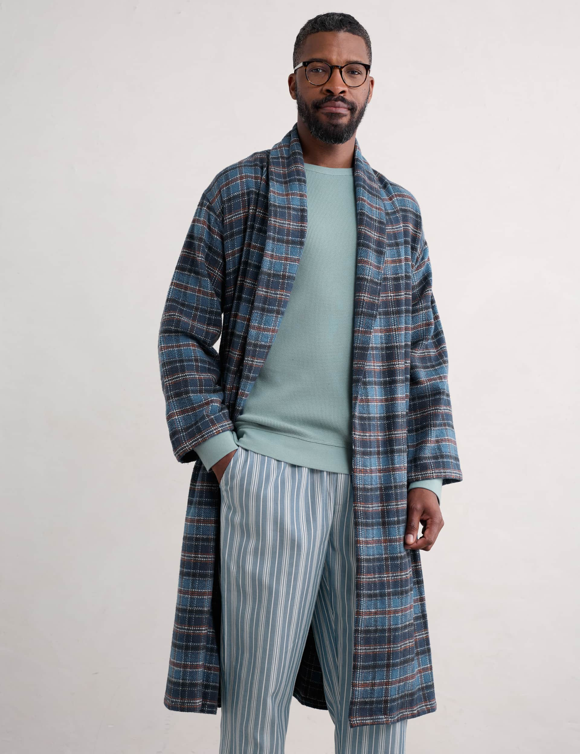 Seasalt Cornwall Men's Pure Cotton Checked Dressing Gown - L - Navy Mix, Navy Mix