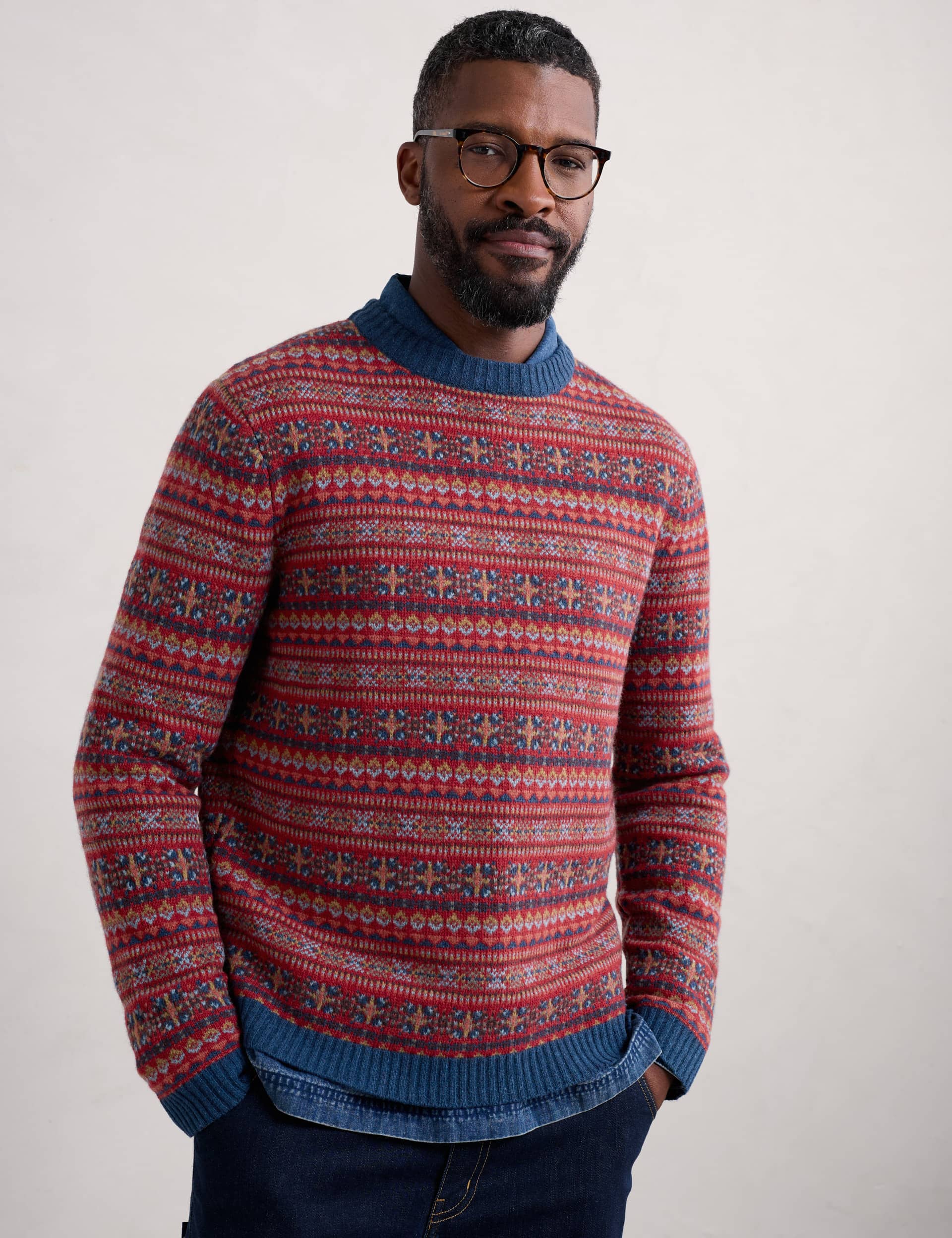 Seasalt Cornwall Men's Lambswool Rich Fair Isle Crew Neck Jumper - Red Mix, Red Mix