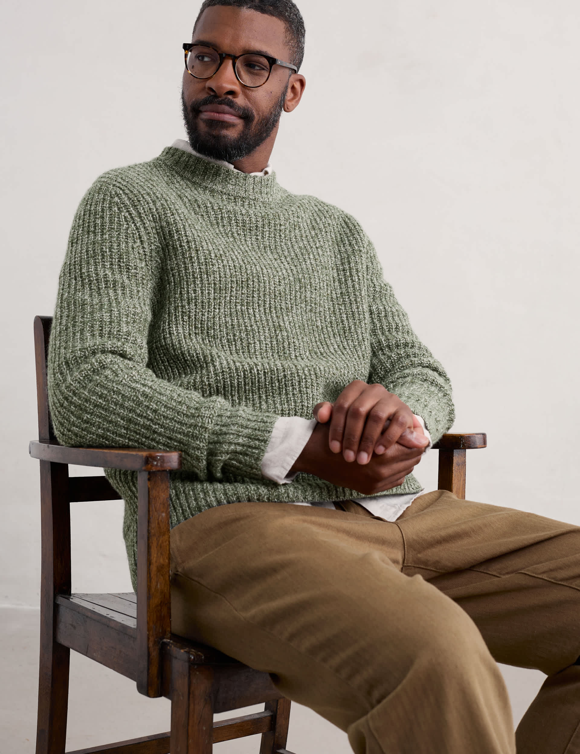 Seasalt Cornwall Men's Lambswool Rich Ribbed Crew Neck Jumper - XL - Green Mix, Green Mix