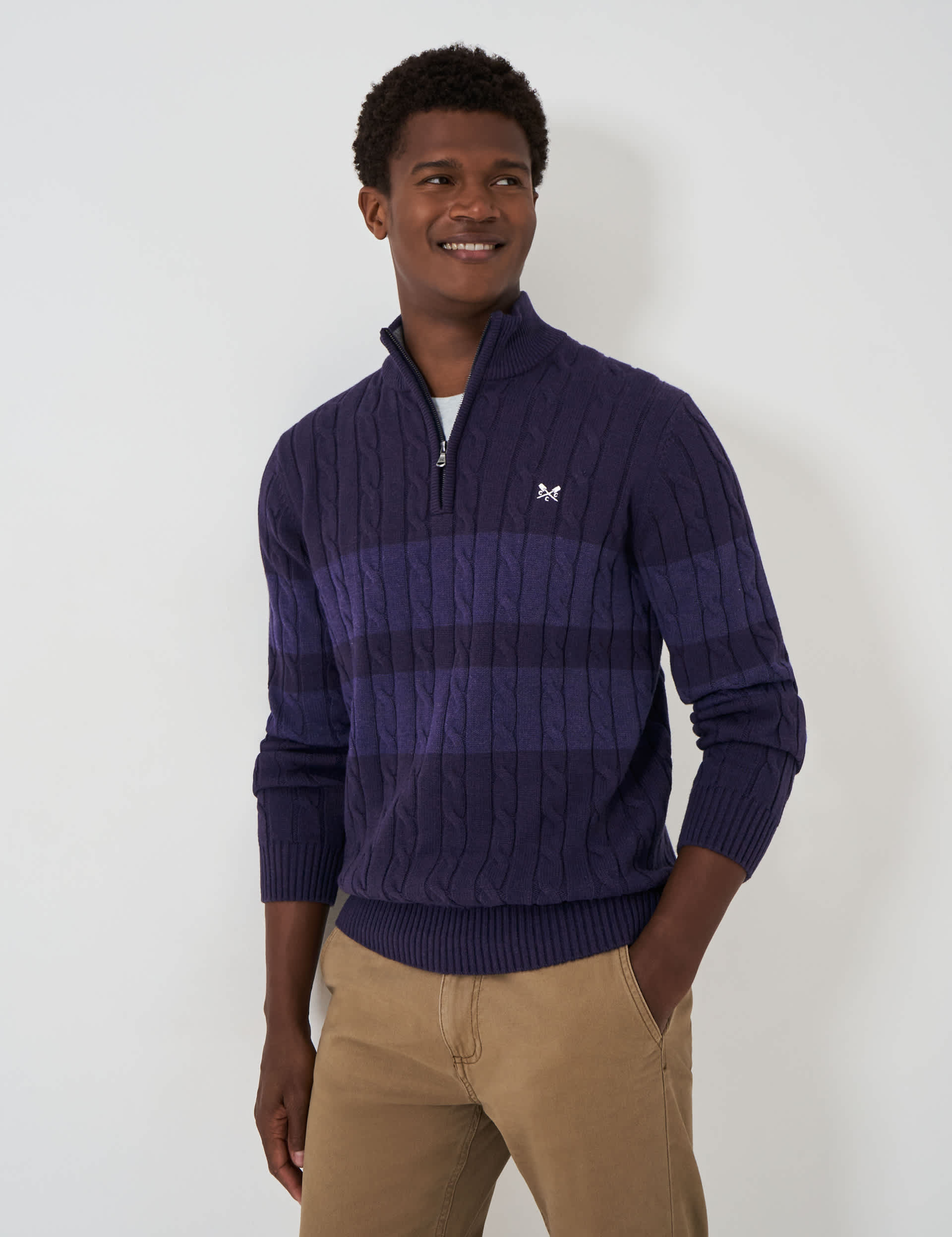 Crew Clothing Men's Pure Cotton Block Striped Half Zip Jumper - Navy Mix, Navy Mix