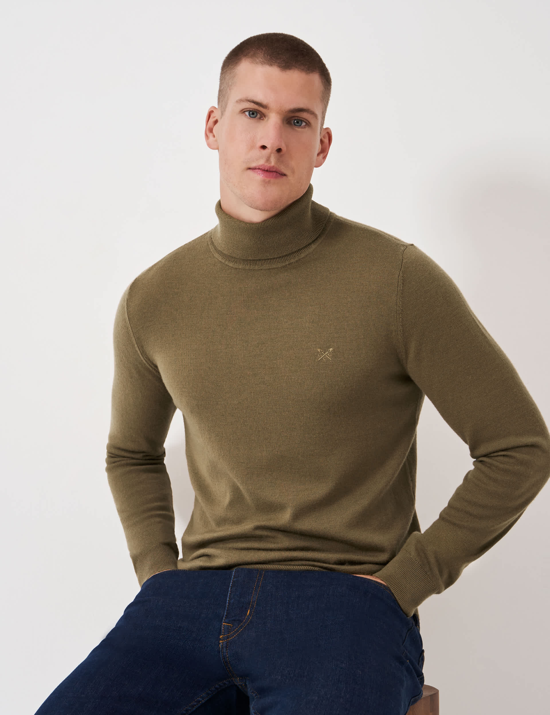 Crew Clothing Men's Pure Merino Wool Roll Neck Jumper - Tan, Tan,Navy