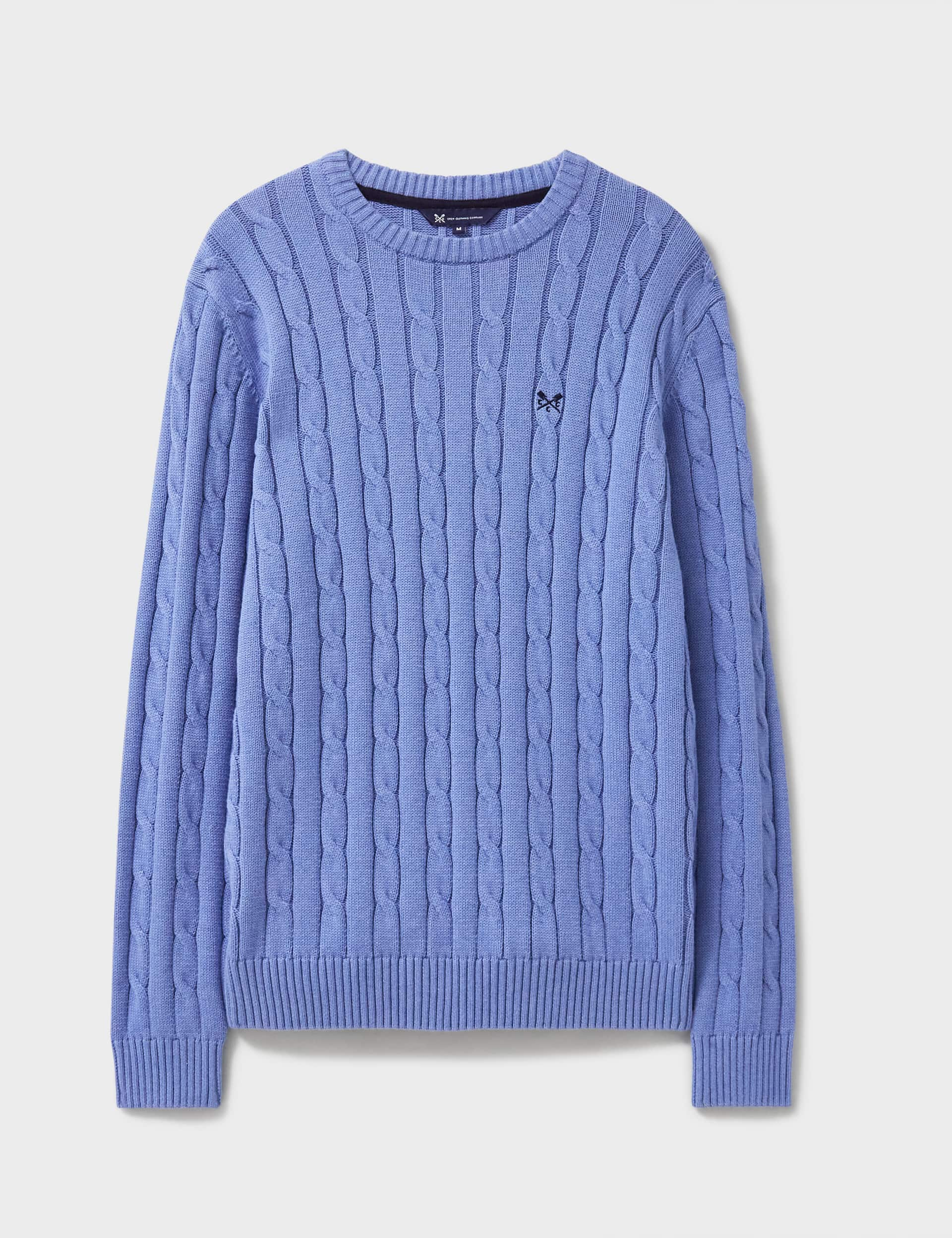 Crew Clothing Men's Pure Cotton Cable Knit Crew Neck Jumper - Medium Blue, Medium Blue,Berry