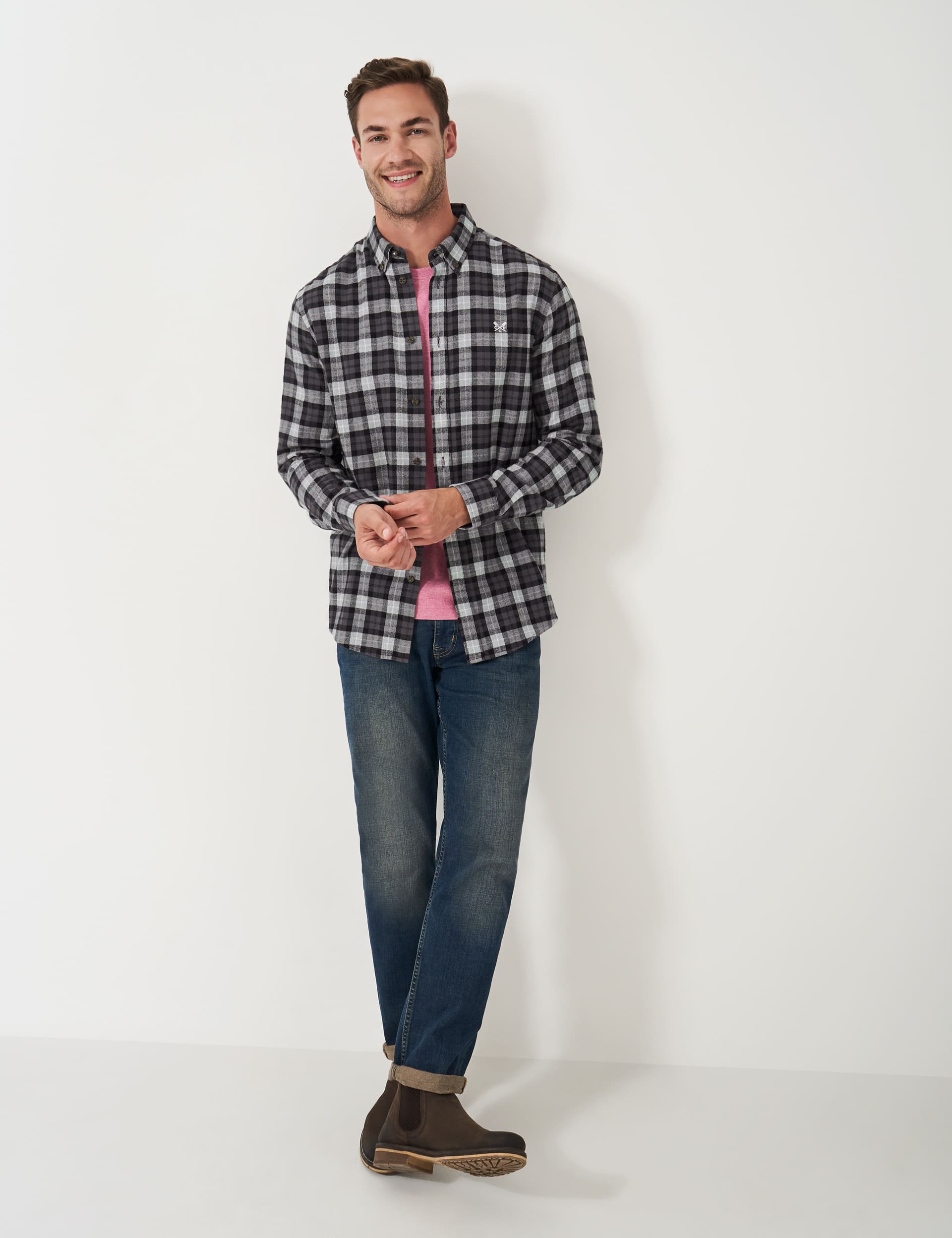 Crew Clothing Men's Pure Cotton Check Flannel Shirt - XL - Grey Mix, Grey Mix,Black Mix