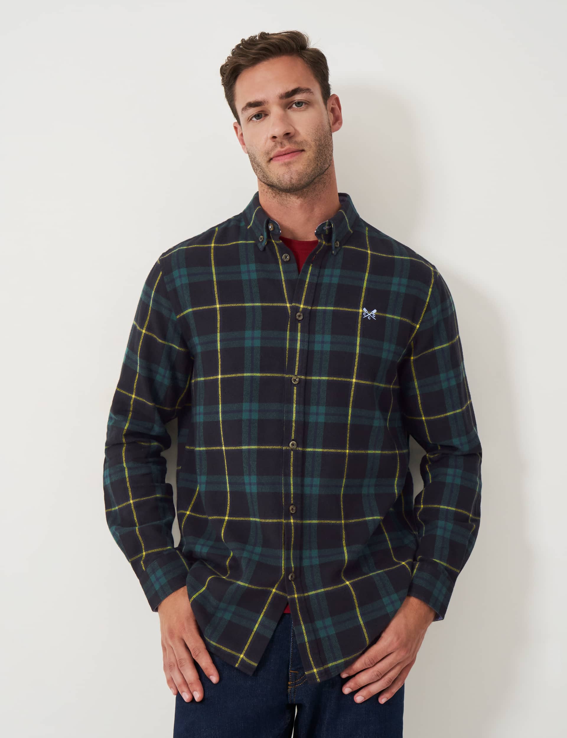 Crew Clothing Men's Pure Cotton Check Flannel Shirt - Green Mix, Green Mix