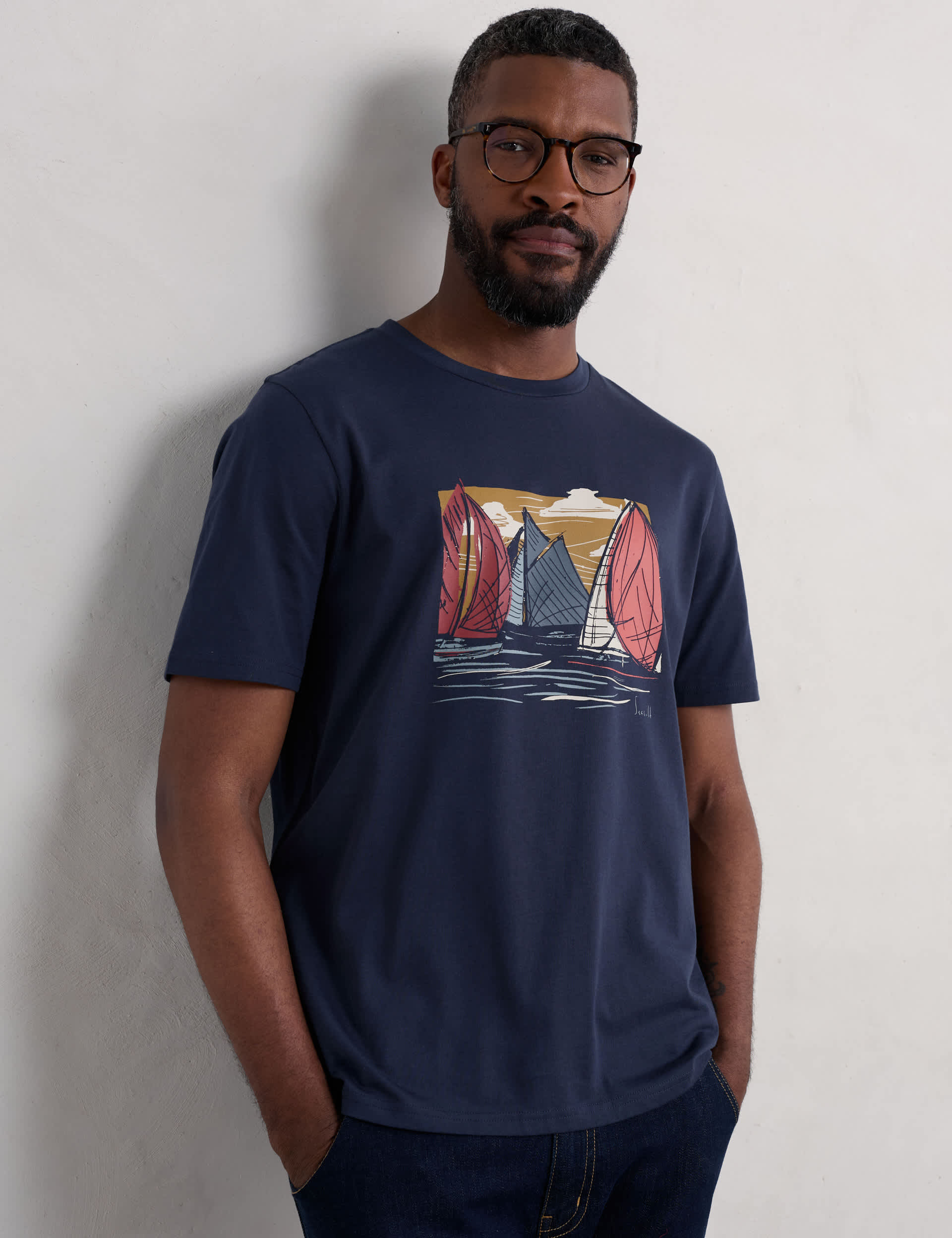 Seasalt Cornwall Men's Pure Cotton Boat Graphic T-Shirt - M - Navy Mix, Navy Mix