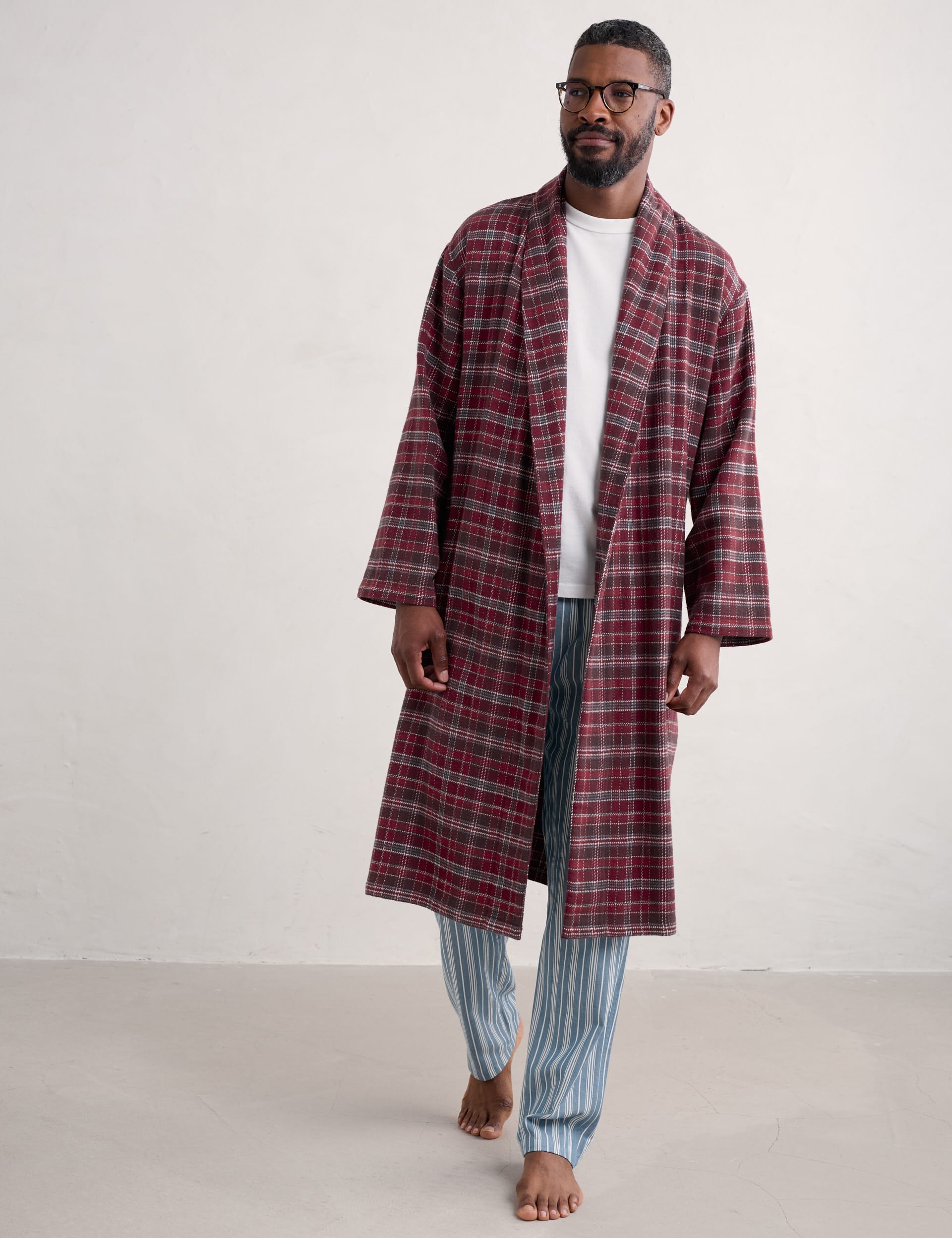 Seasalt Cornwall Men's Pure Cotton Checked Dressing Gown - L - Red Mix, Red Mix