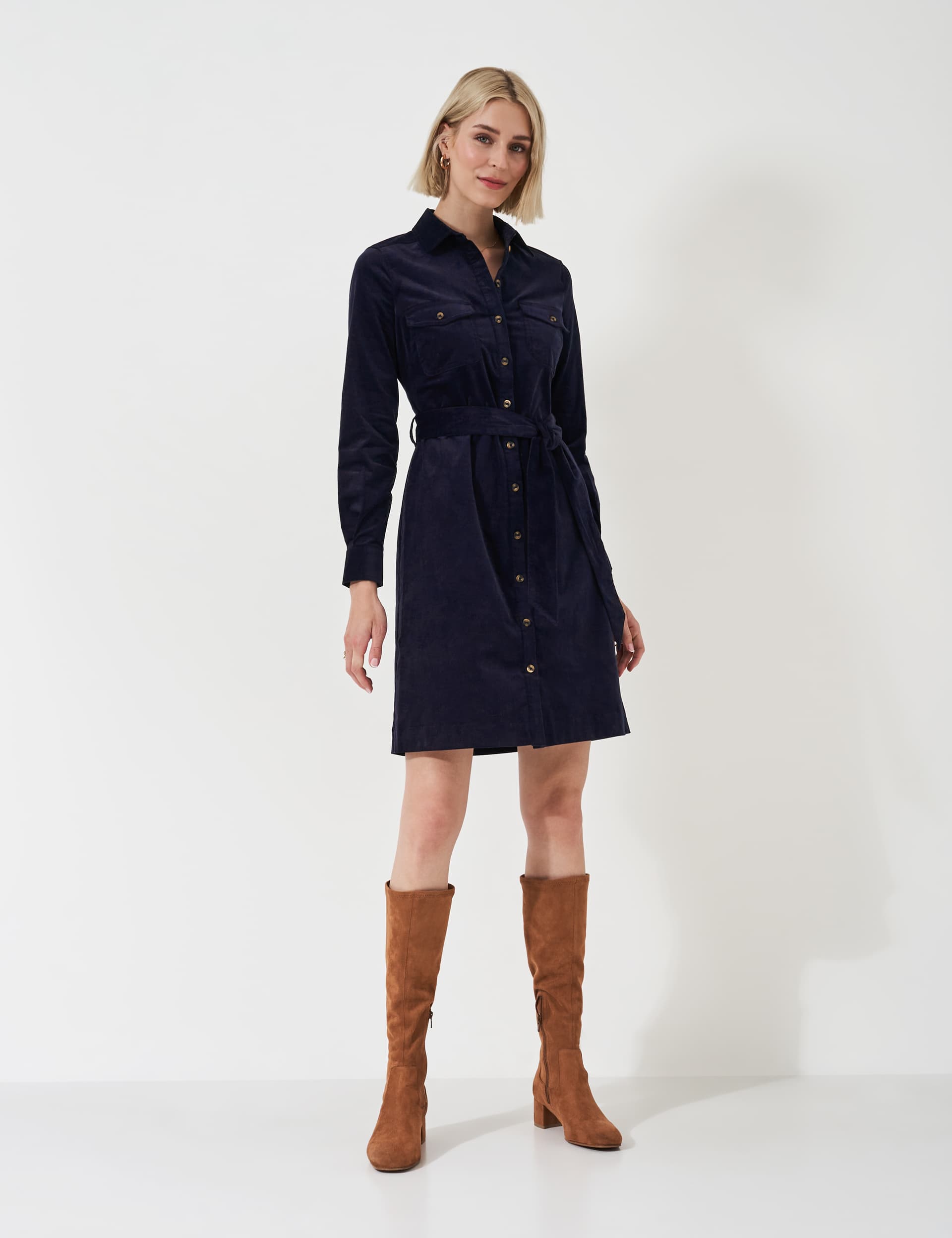 Crew Clothing Women's Cotton Rich Cord Tie Waist Shirt Dress - 12 - Navy, Navy