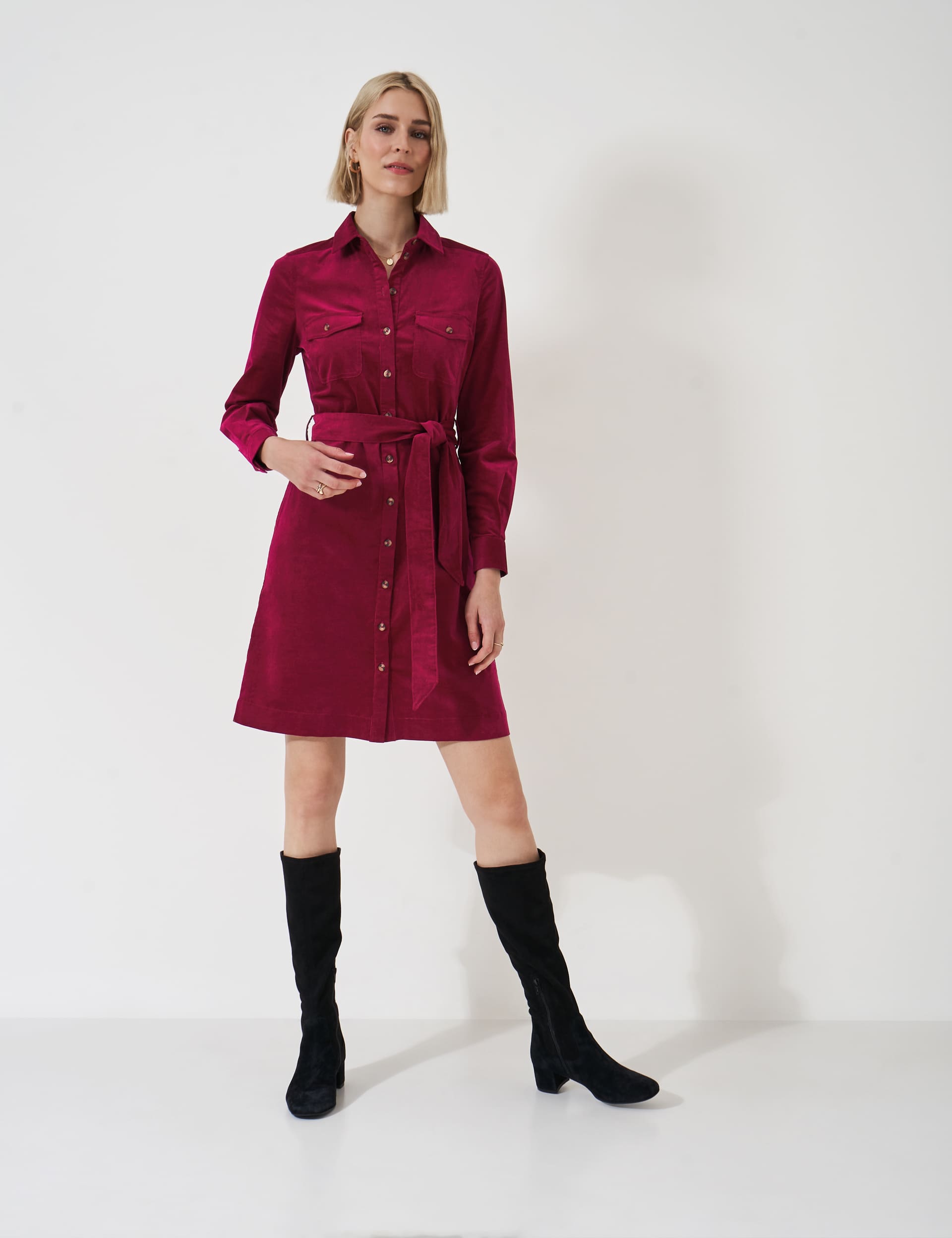 Crew Clothing Women's Cotton Rich Cord Tie Waist Shirt Dress - 12 - Berry, Berry