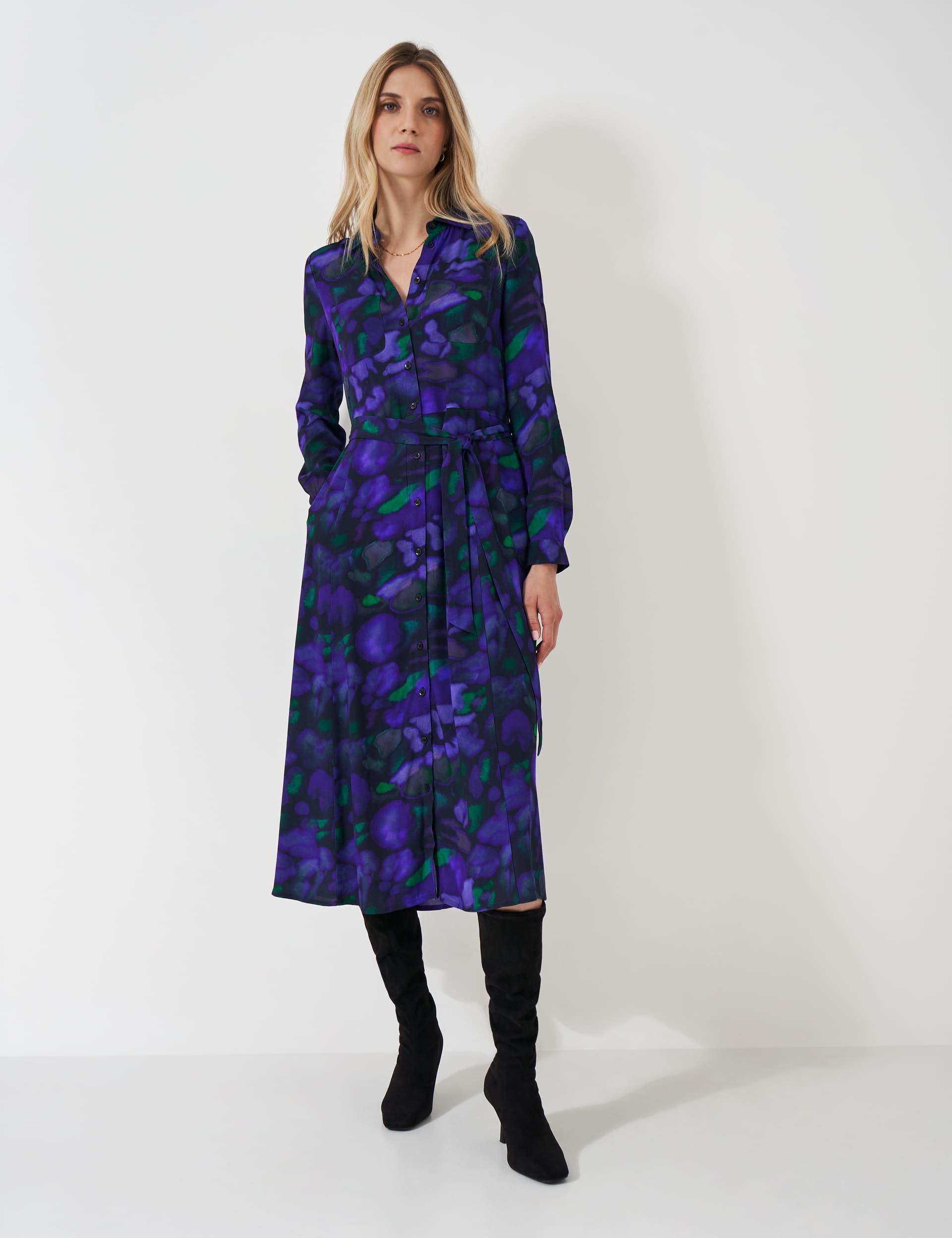 Crew Clothing Women's Printed Midi Shirt Dress - 12 - Blue Mix, Blue Mix