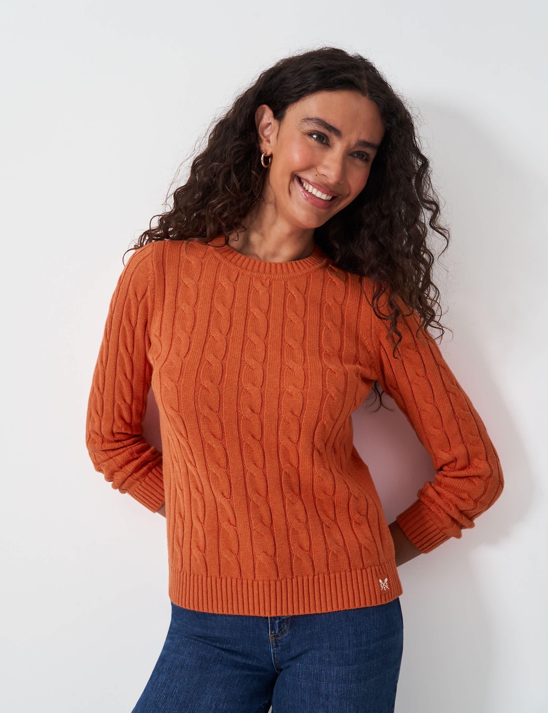 Crew Clothing Women's Cotton Rich Cable Knit Crew Neck Jumper - 14 - Dark Orange, Dark Green,White,D