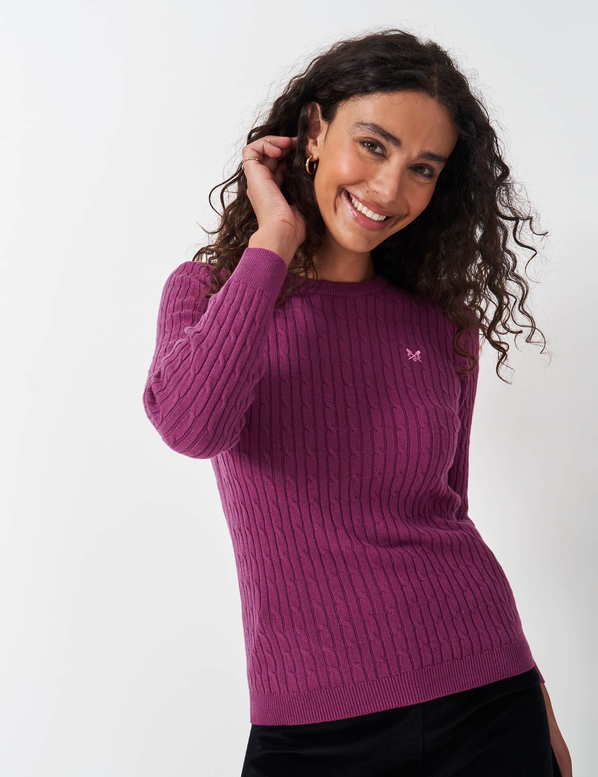 Crew Clothing Women's Cable Knit Crew Neck Jumper with Cashmere - 10 - Berry, Berry