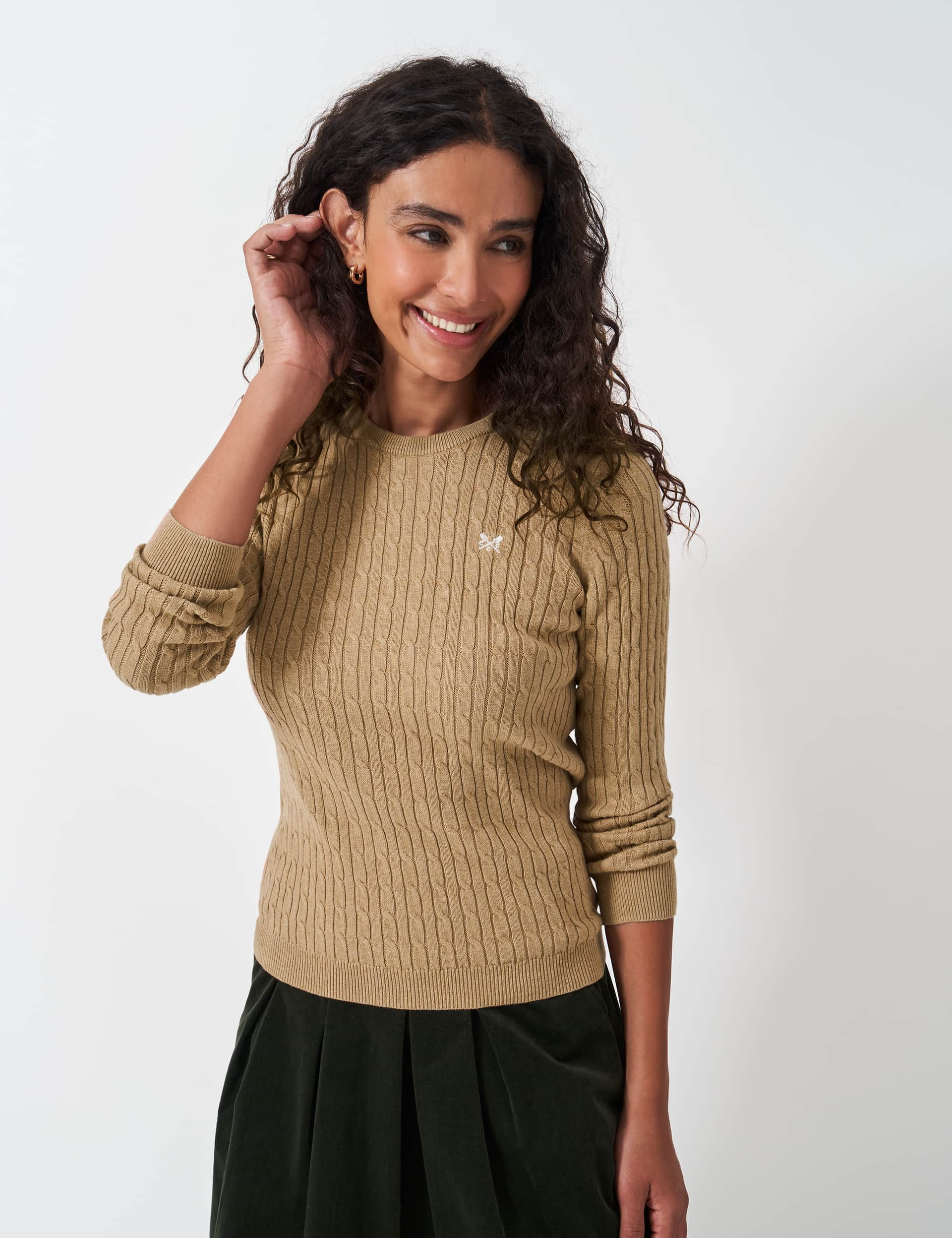 Crew Clothing Women's Cable Knit Crew Neck Jumper with Cashmere - 14 - Camel, Camel,Berry