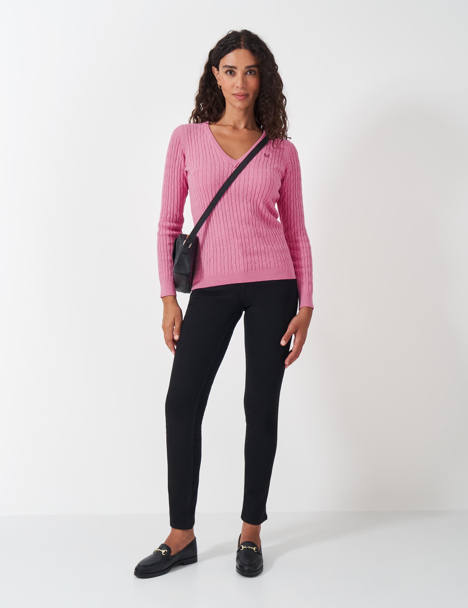 Crew Clothing Women's Cotton Rich Cable Knit V-Neck Junmper - 12 - Bright Pink, Bright Pink