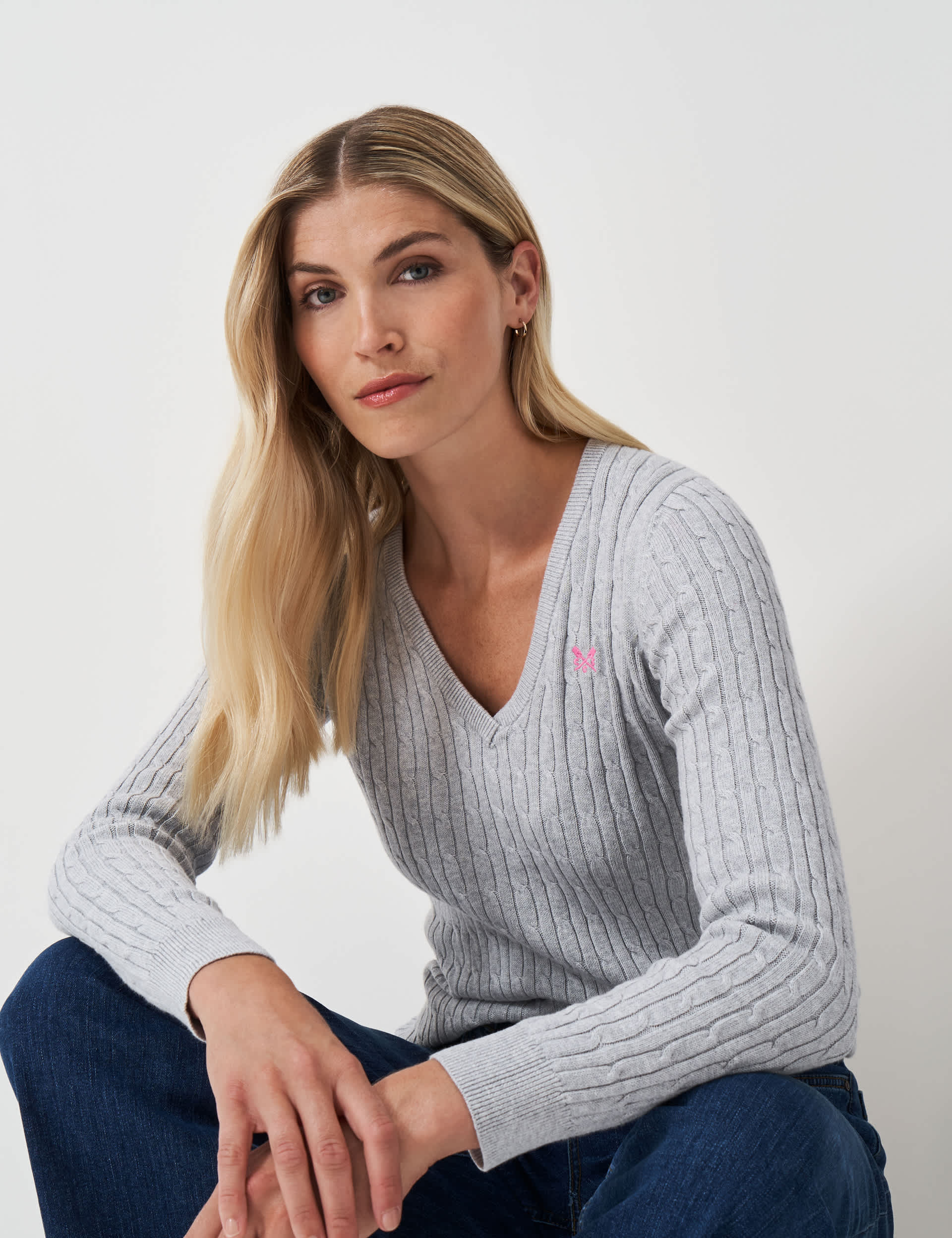 Crew Clothing Women's Cotton Rich Cable Knit V-Neck Junmper - 14 - Grey Marl, Grey Marl,Bright Pink