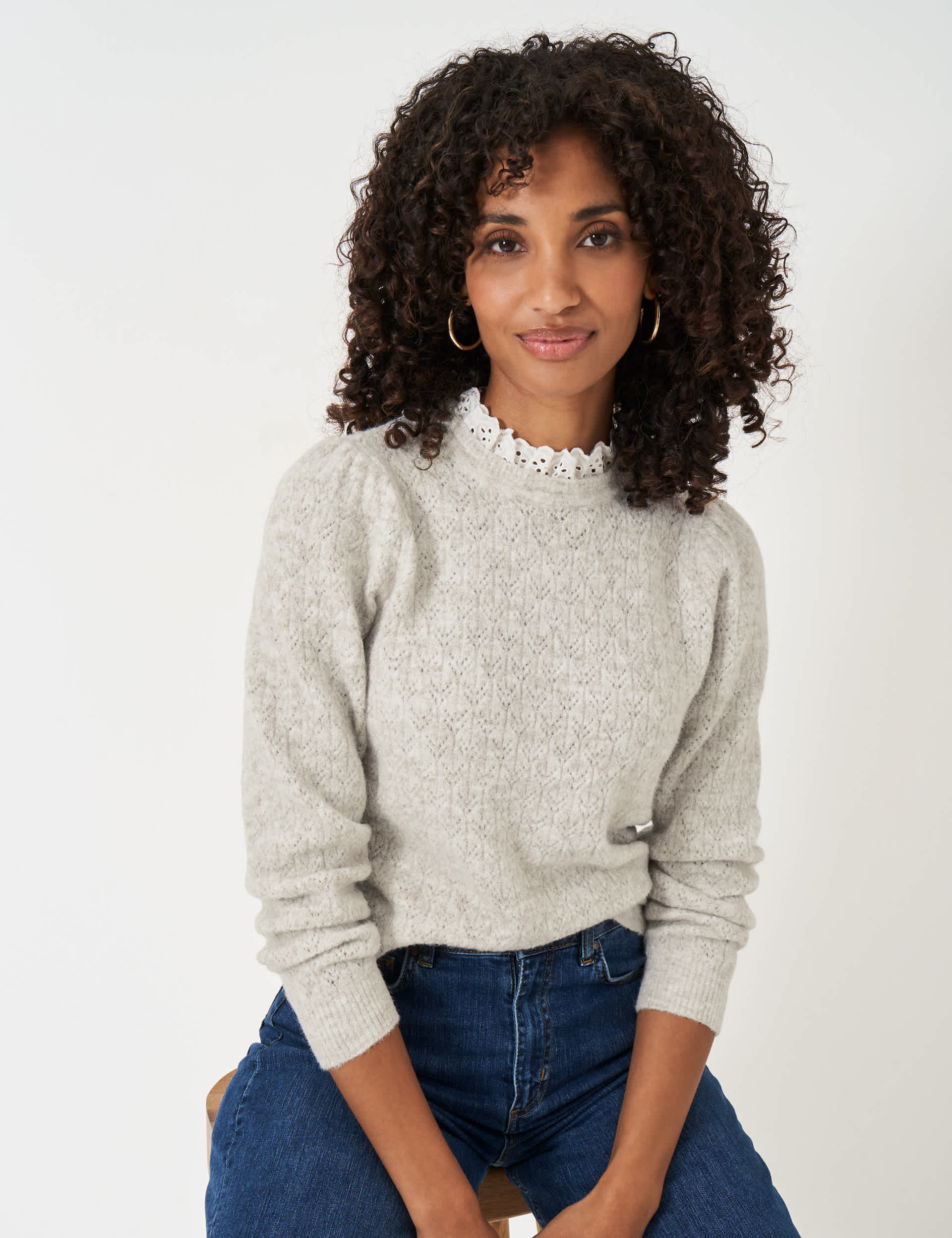 Crew Clothing Women's Pointelle Crew Neck Lace Detail Jumper - 14 - Oatmeal, Light Grey,Navy,Oatmeal