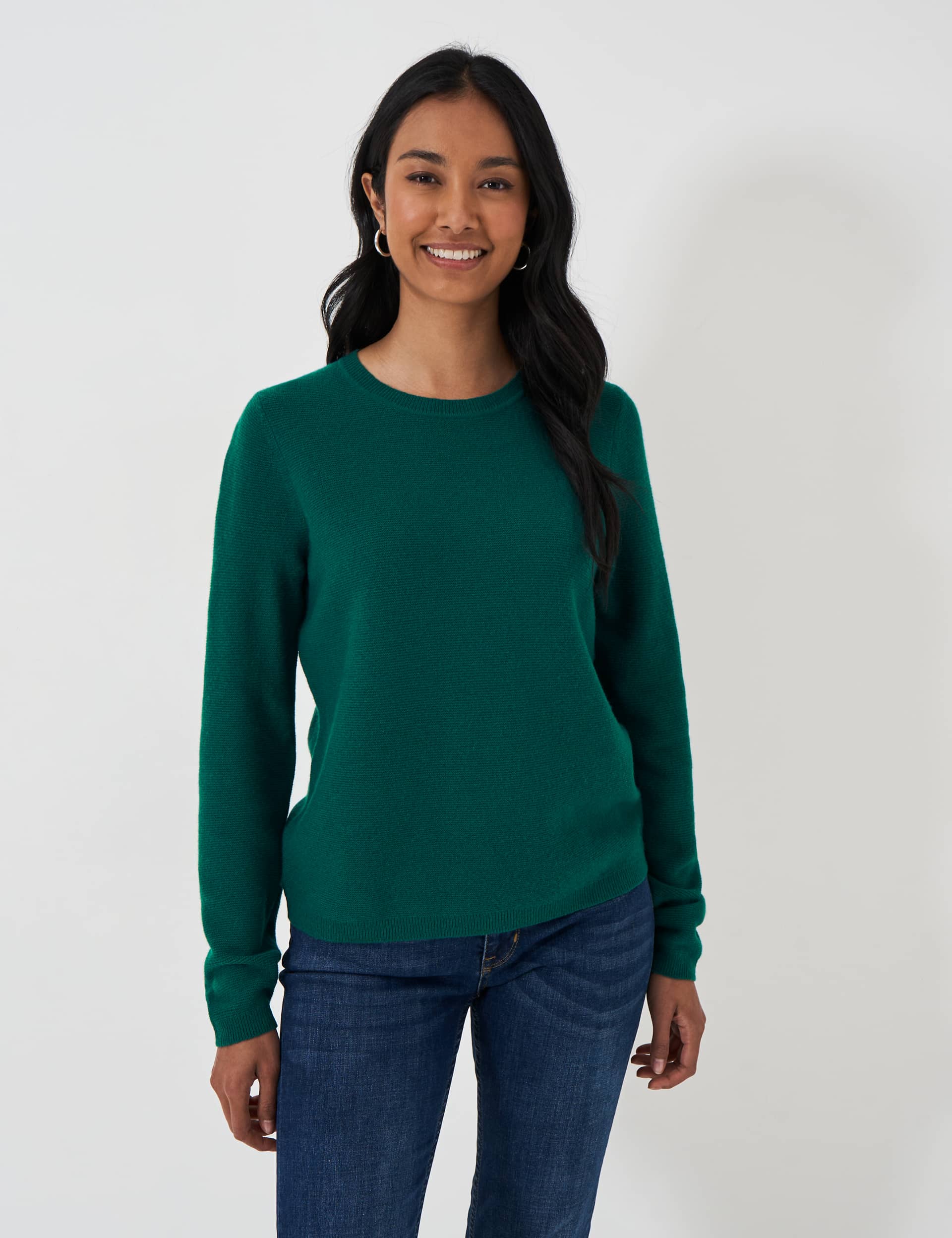 Crew Clothing Women's Merino Wool Rich Textured Crew Neck Jumper - 12 - Emerald, Light Pink,Blue,Med