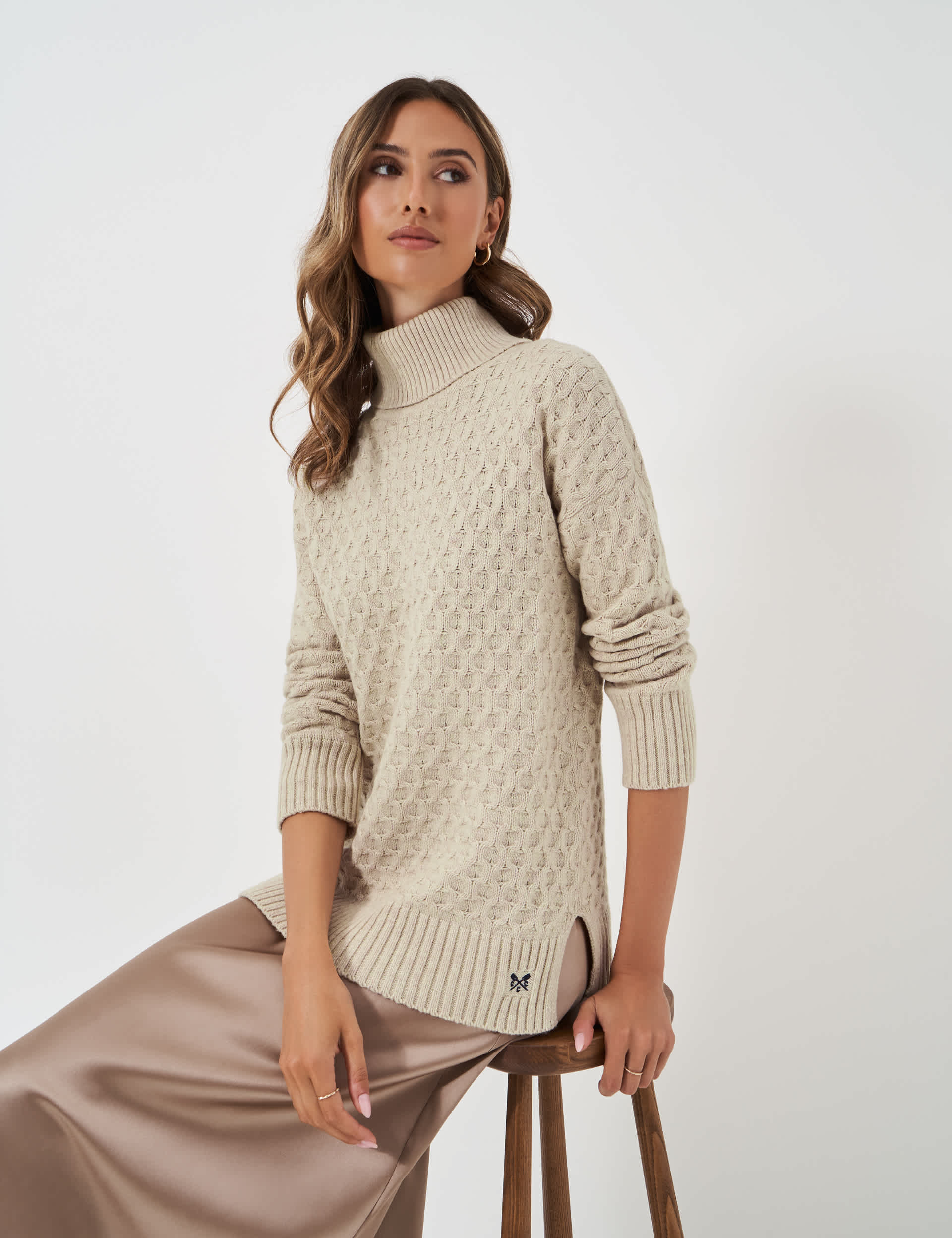 Crew Clothing Women's Textured Roll Neck Jumper with Wool - 14 - Oatmeal, Oatmeal