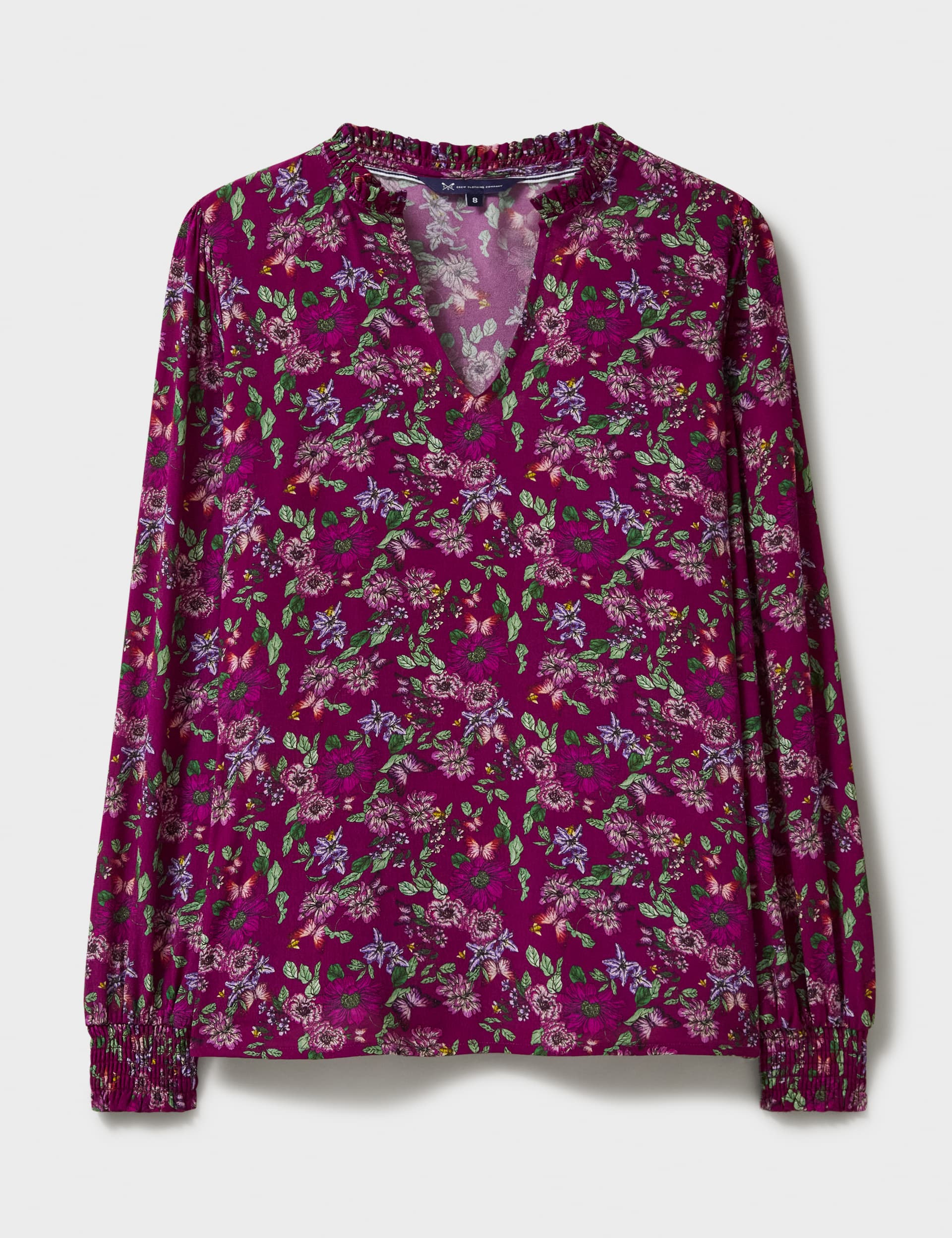 Crew Clothing Women's Ruffle Collar Floral Blouse - 8 - Burgundy Mix, Burgundy Mix