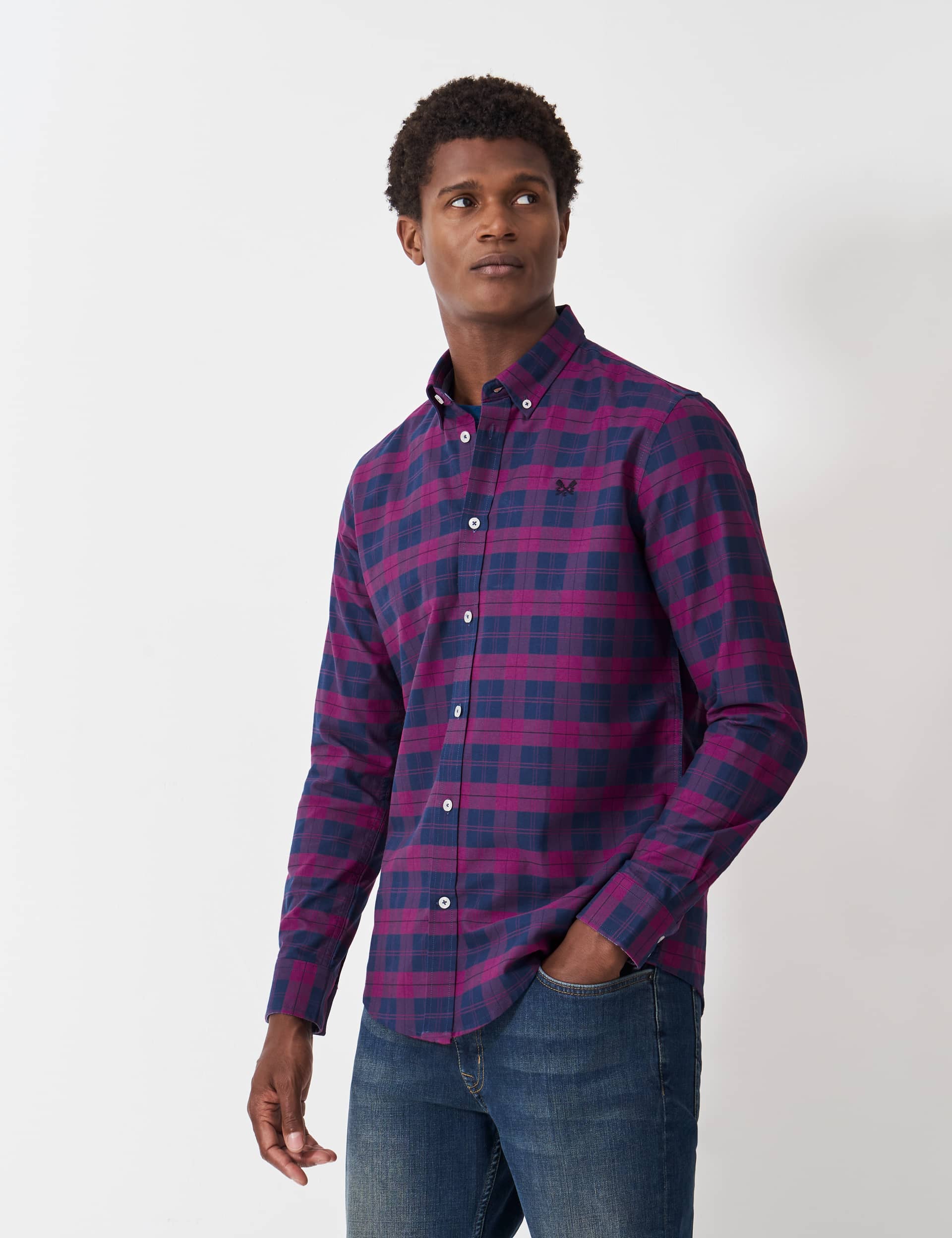 Crew Clothing Men's Pure Cotton Check Oxford Shirt - L - Navy Mix, Navy Mix,Blue Mix