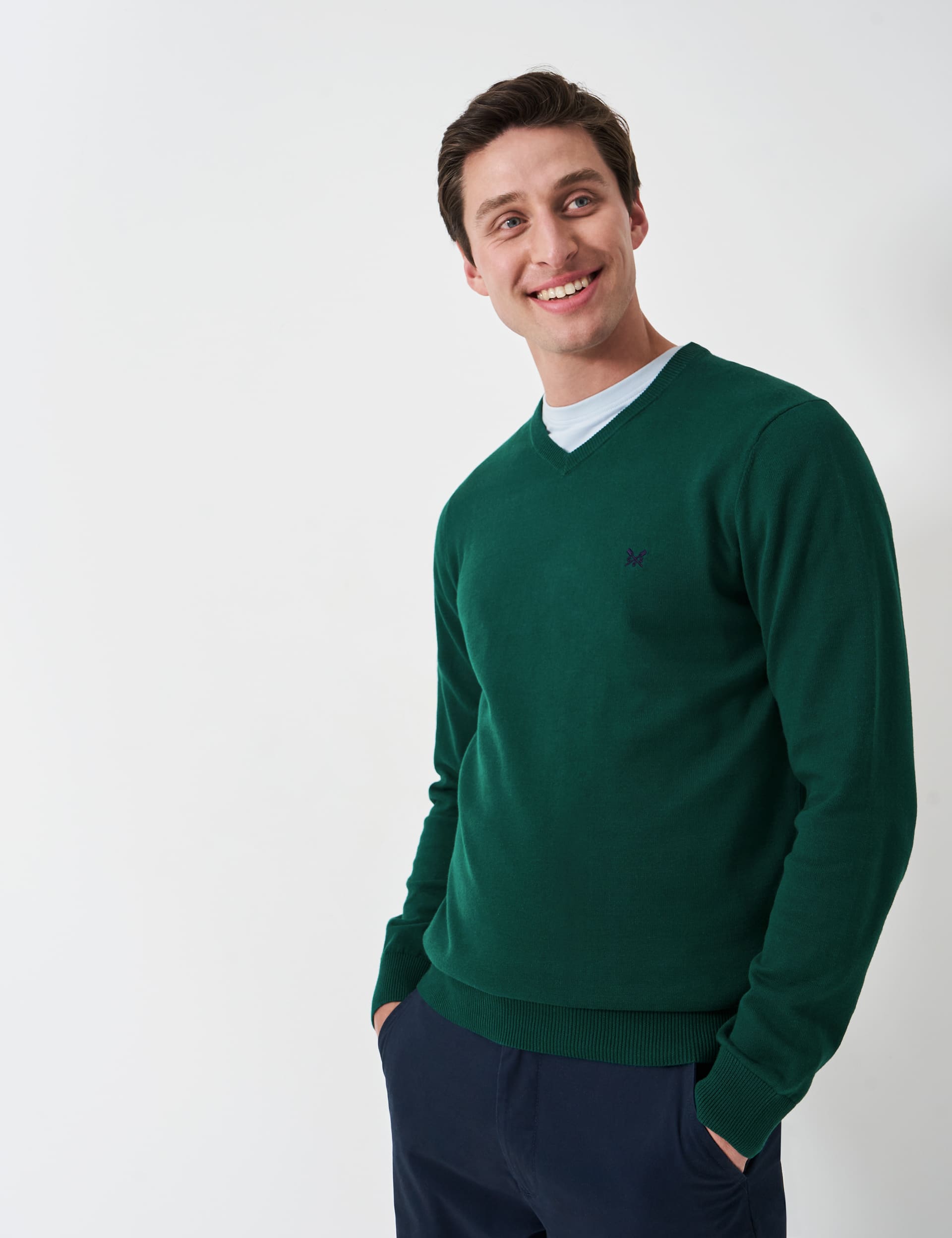 Crew Clothing Men's Pure Cotton V-Neck Jumper - XS - Dark Green, Dark Green,Blue