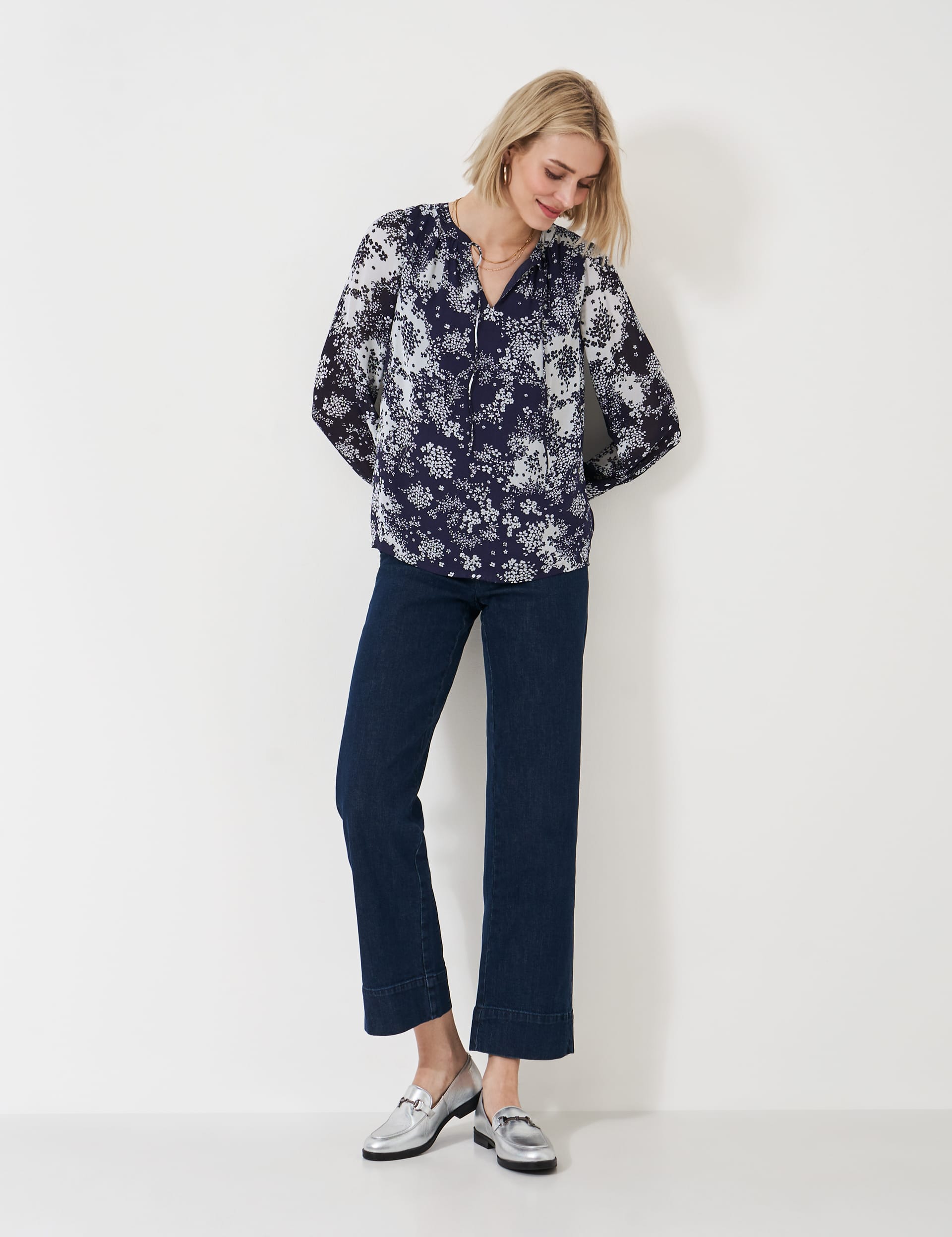 Crew Clothing Women's Floral Tie Neck Blouse - 12 - Navy Mix, Navy Mix