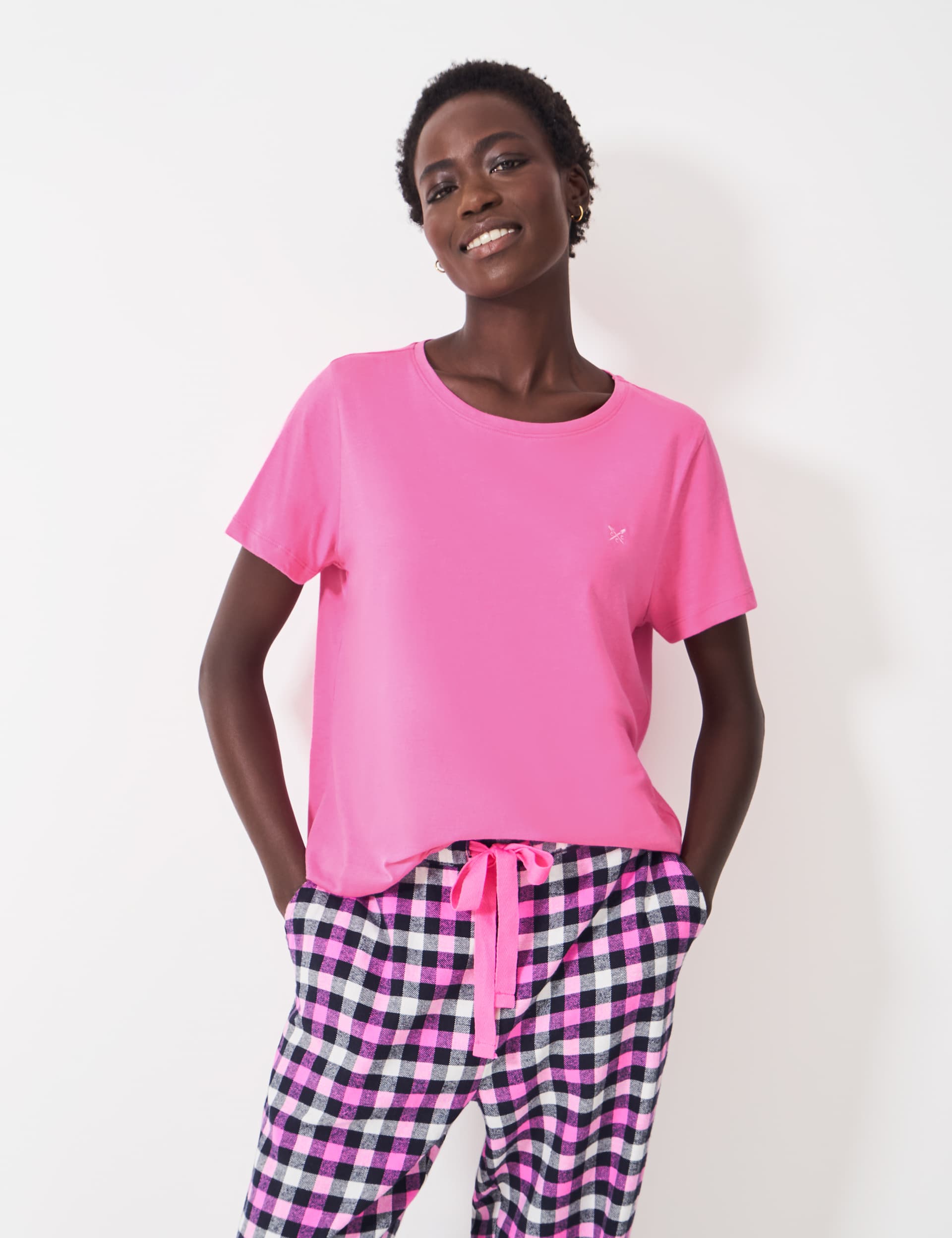 Crew Clothing Women's Pure Cotton Checked Pyjama Set - Pink Mix, Oatmeal Mix,Pink Mix