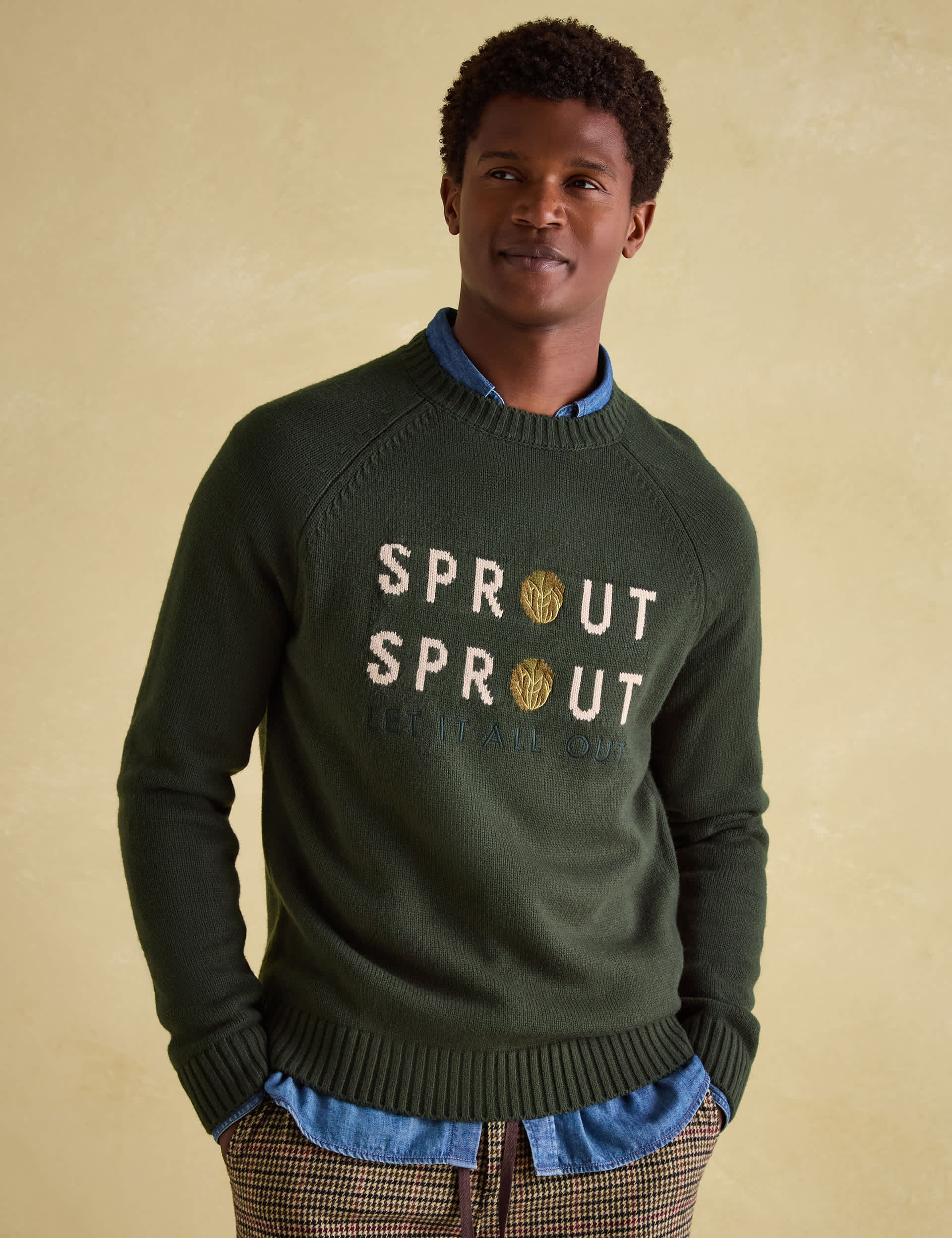 Joules Men's Christmas Crew Neck Jumper with Wool - Green, Green