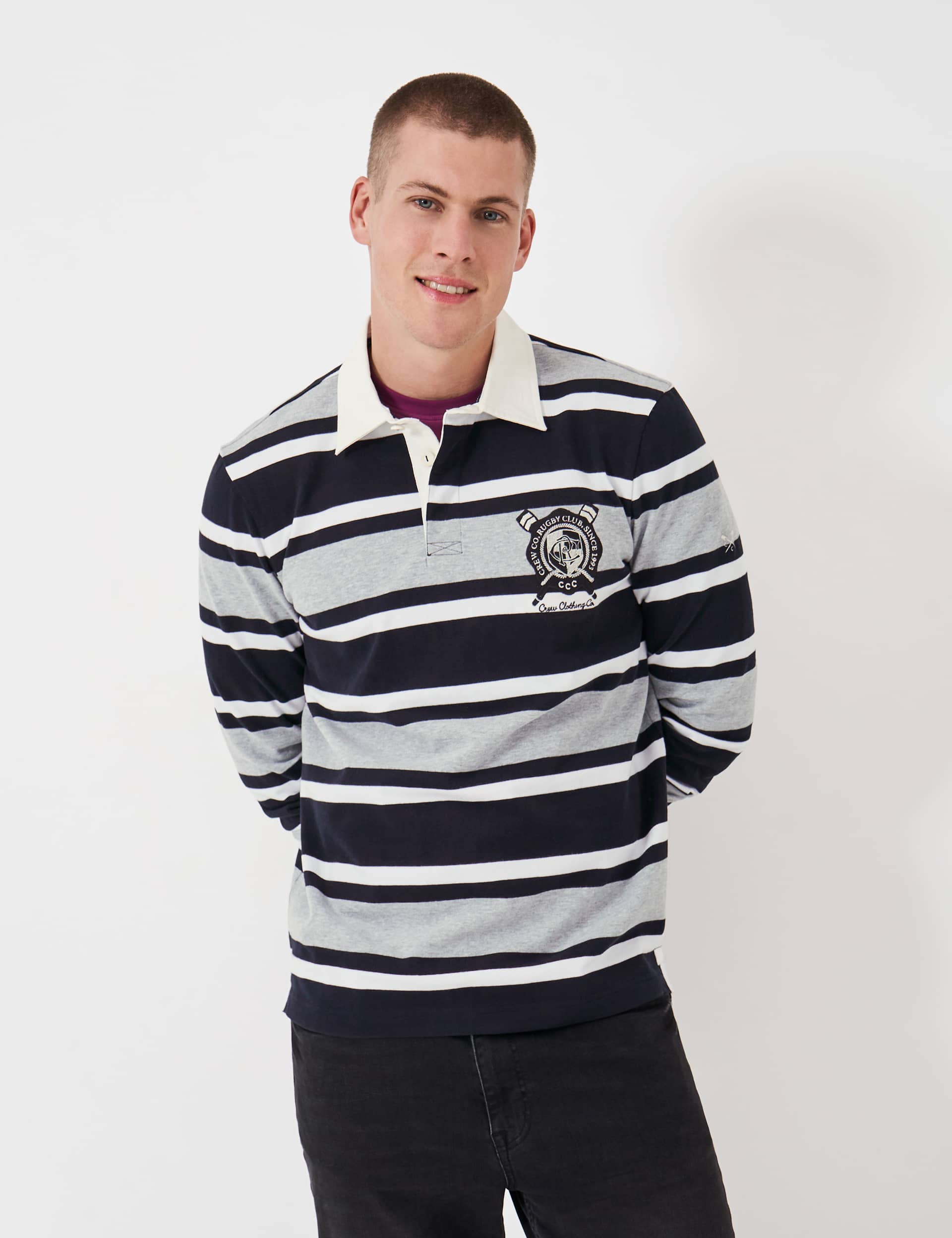 Crew Clothing Men's Pure Cotton Striped Long Sleeve Rugby Shirt - Black Mix, Black Mix