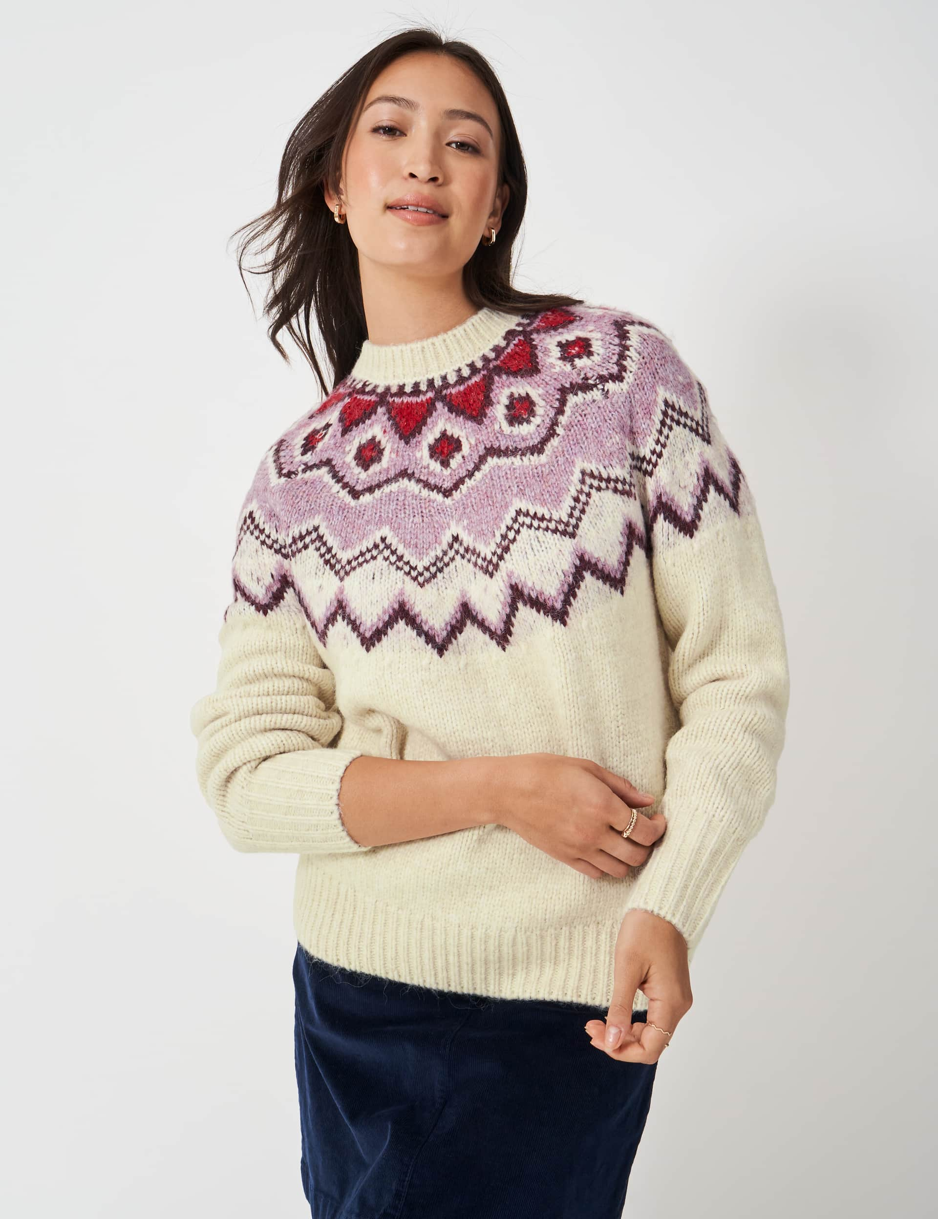 Crew Clothing Women's Fairisle Crew Neck Jumper with Wool - 14 - Pink Mix, Pink Mix,Blue Mix