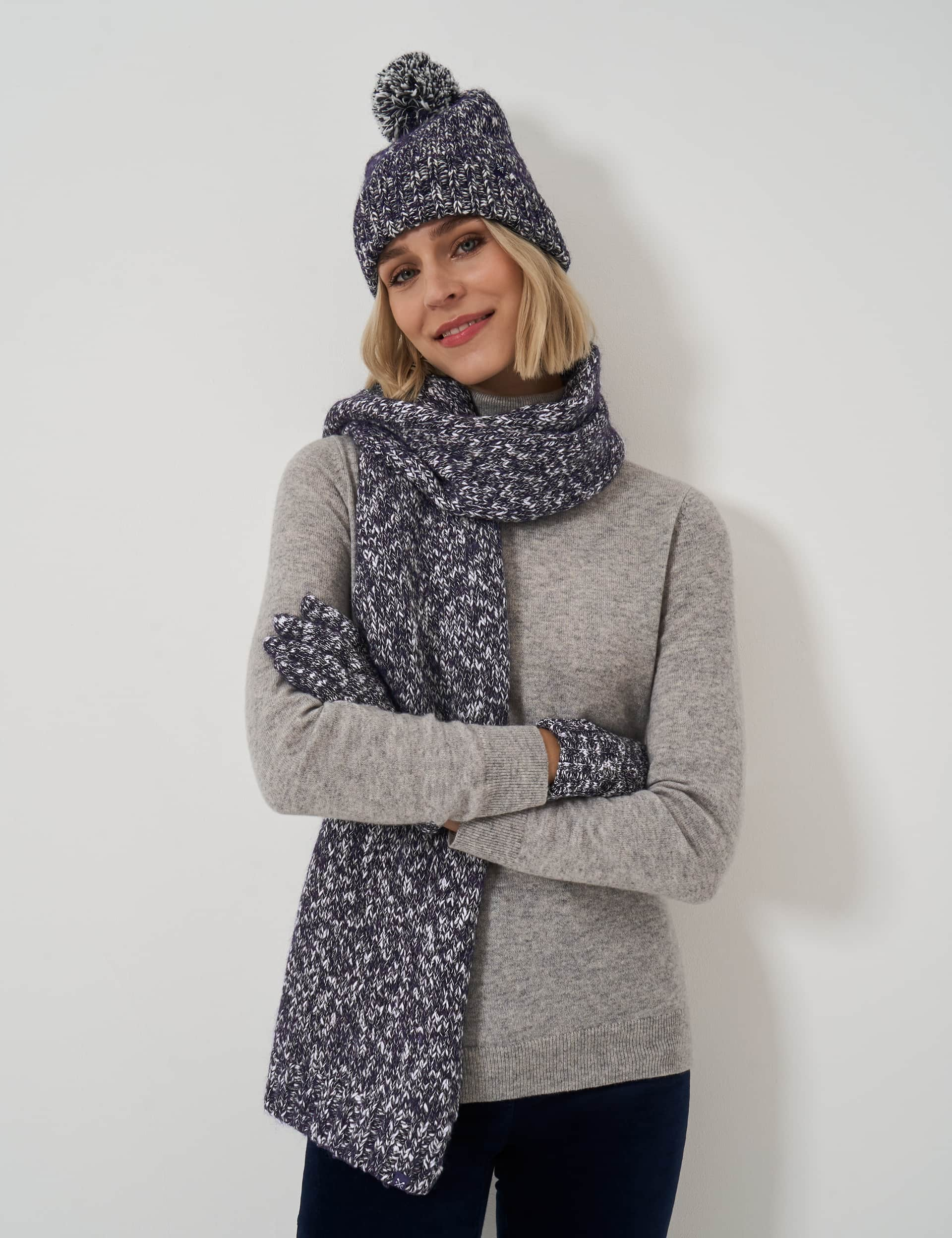 Crew Clothing Women's Cotton Blend Knitted Scarf with Wool - Navy Mix, Navy Mix