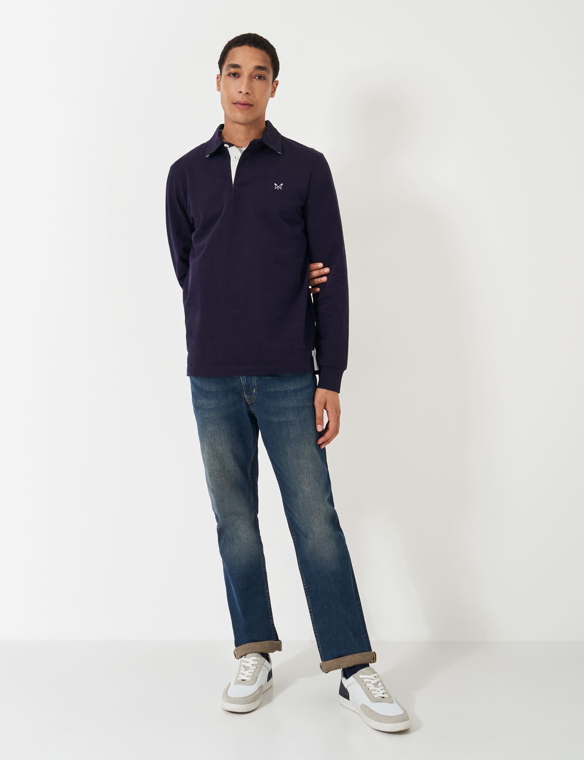 Crew Clothing Men's Pure Cotton Tipped Long Sleeve Rugby Shirt - Navy, Navy