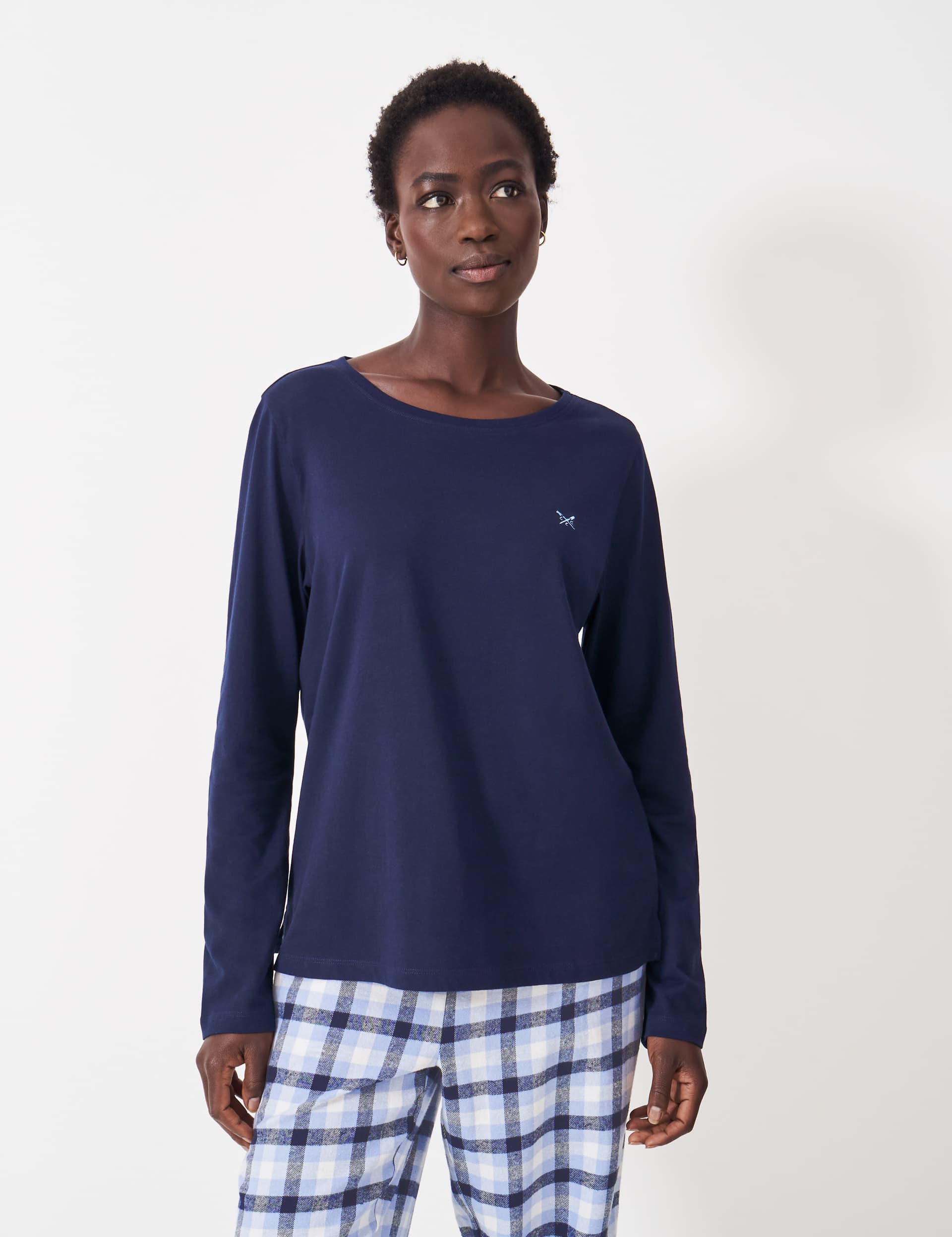 Crew Clothing Women's Pure Cotton Checked Pyjama Set - Navy, Navy,Berry