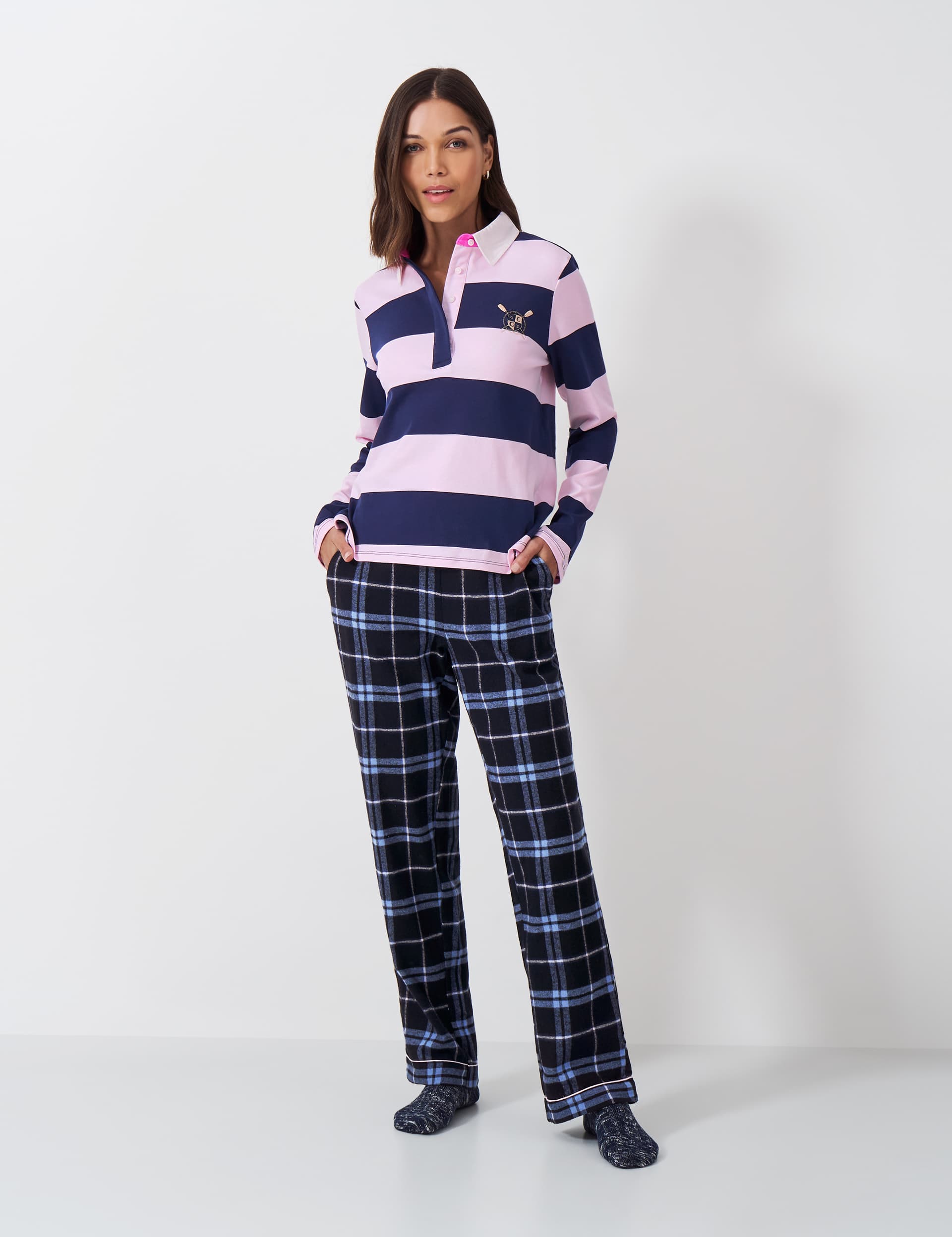 Crew Clothing Women's Pure Cotton Checked Striped Pyjama Set - Pink Mix, Pink Mix