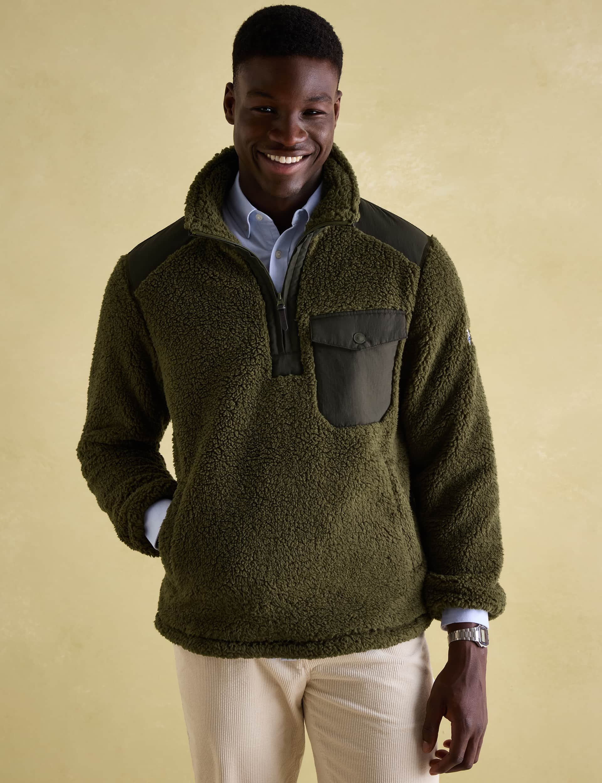 Joules Men's Fleece Textured Half Zip Jumper - Green, Green,Neutral