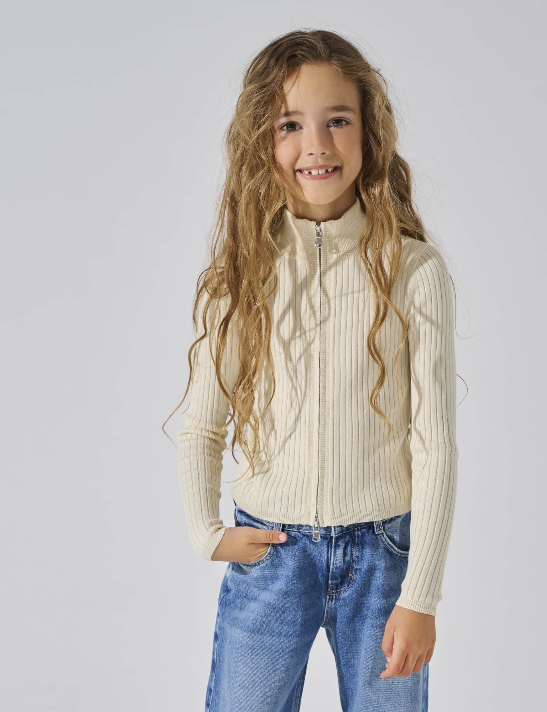 Kids Only Girls Ribbed Zip Cardigan (7-14 Yrs) - 7-8 Y - Cream, Cream