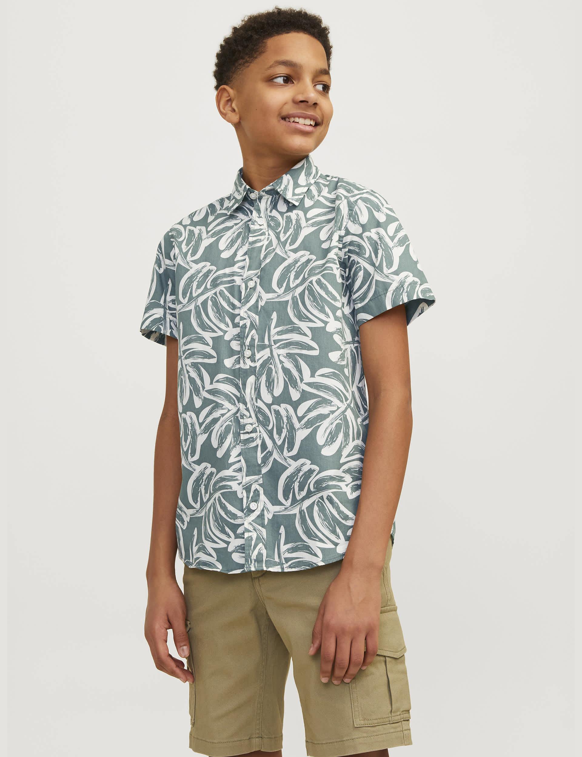 Jack & Jones Junior Boys Pure Cotton Printed Shirt (8-16 Yrs) - 12y - Green Mix, Green Mix