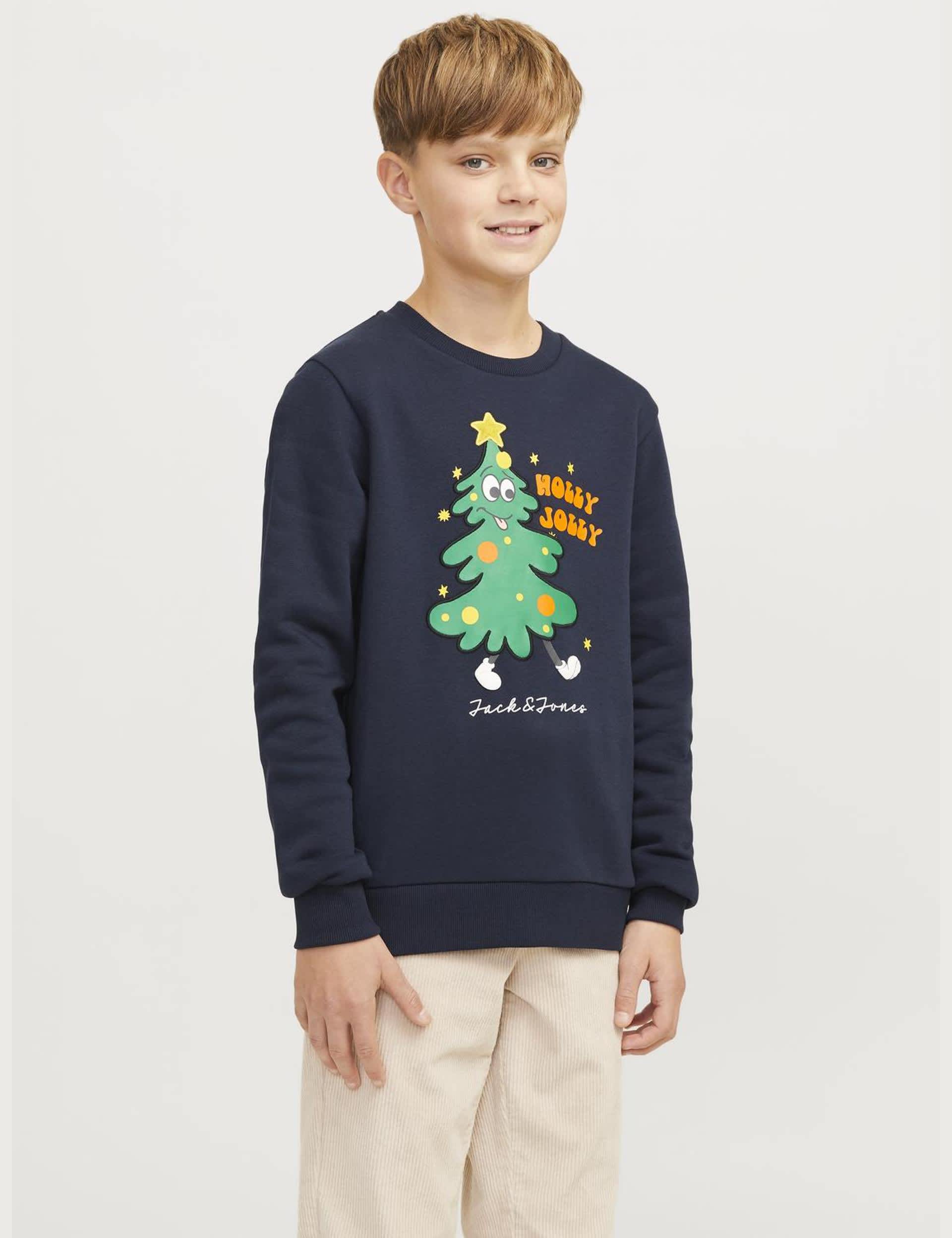 Jack & Jones Junior Boys Cotton Rich Holly Jolly Slogan Sweatshirt (8-16 Yrs) - 14y - Navy Mix, Navy