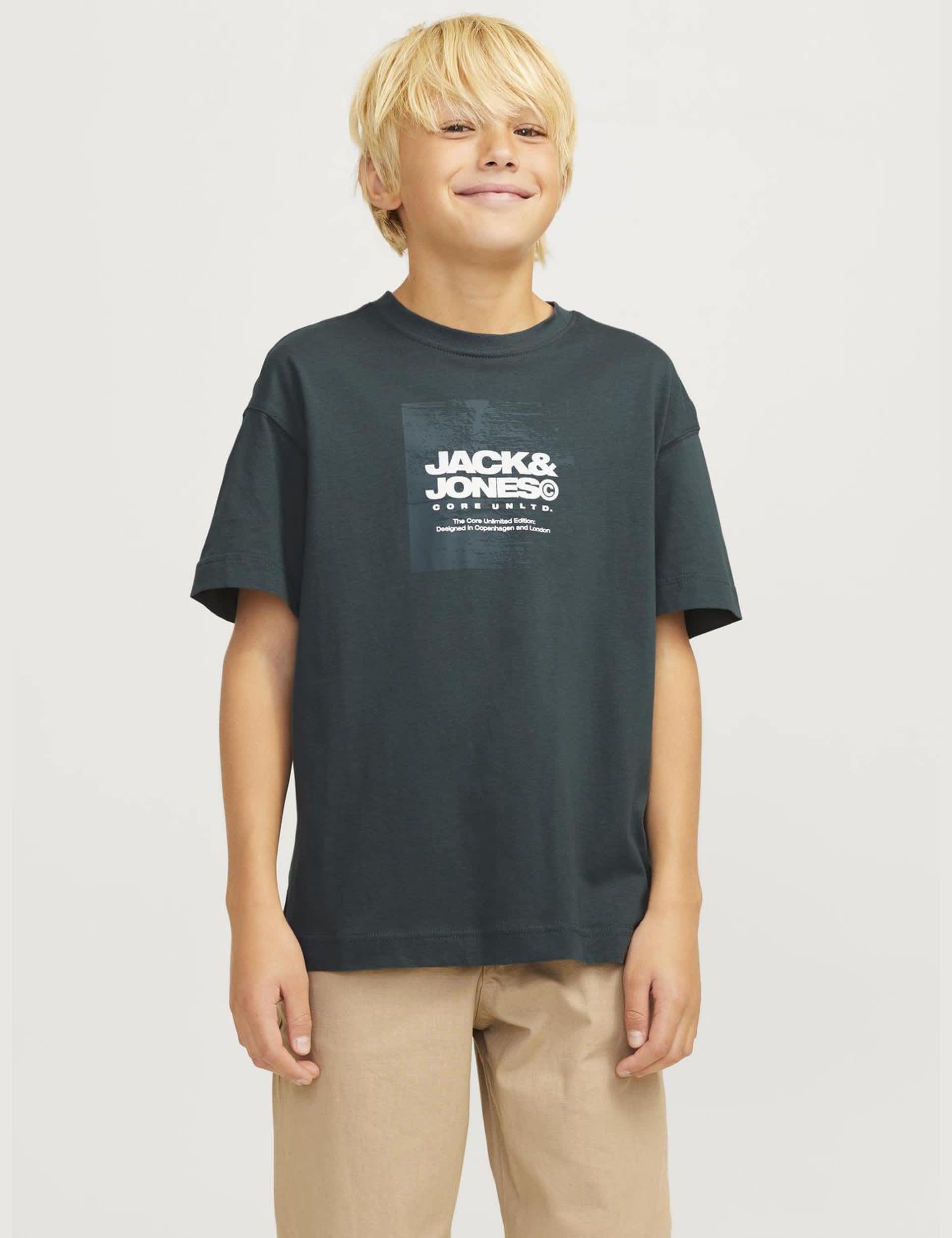 Jack & Jones Junior Boys Cotton Blend Logo Print T-Shirt (8-16 Yrs) - 12y - Green Mix, Cream,Green M