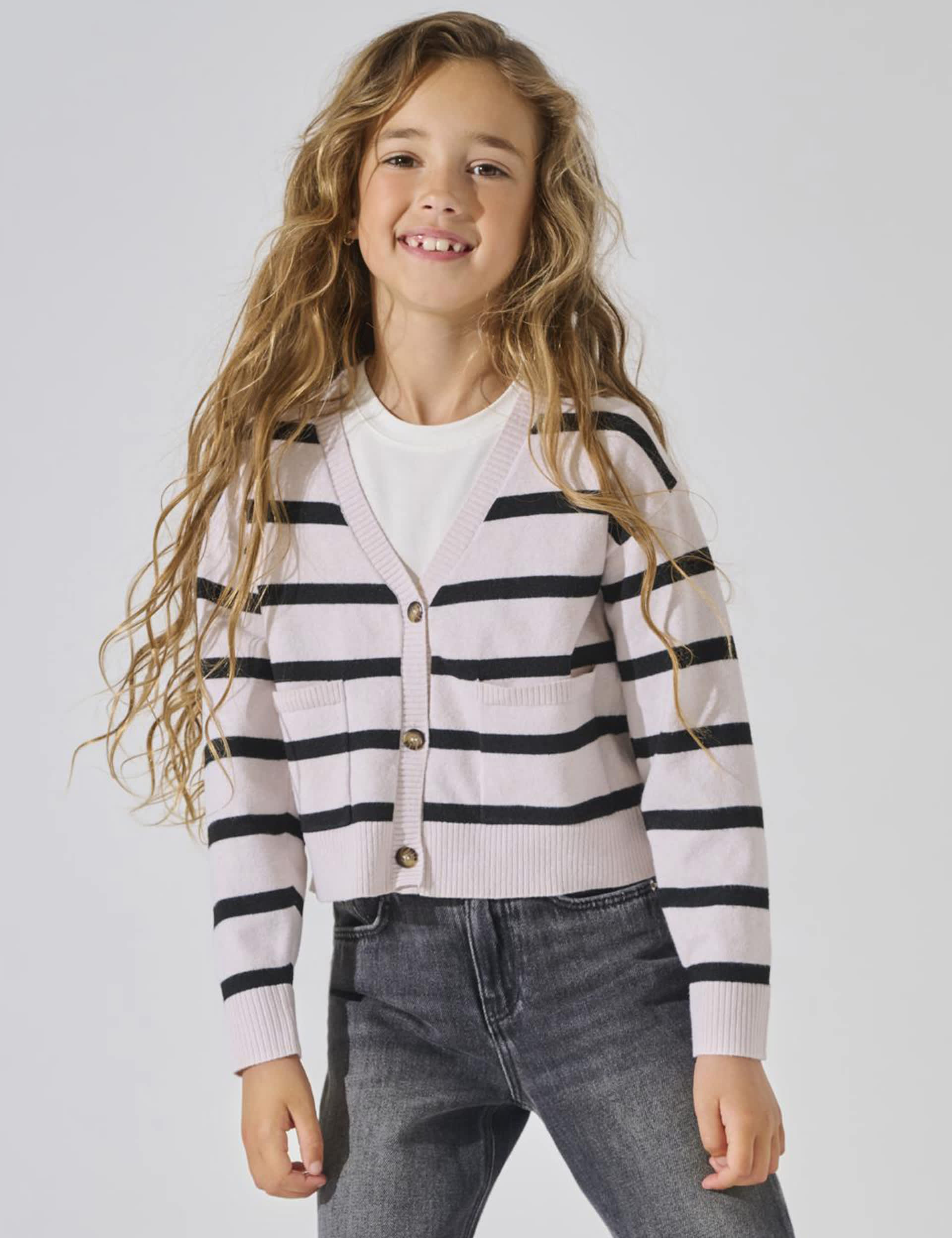 Kids Only Girls Knitted Striped Cardigan (7-14 Yrs) - 13-14 - Beige Mix, Beige Mix