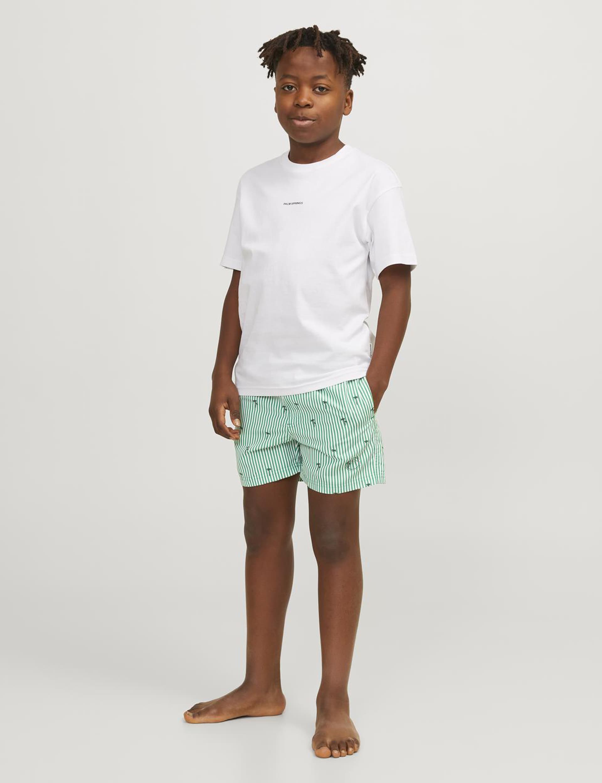 Jack & Jones Junior Boys Striped Palm Print Swim Shorts (8-16 Yrs) - 16y - Green Mix, Green Mix