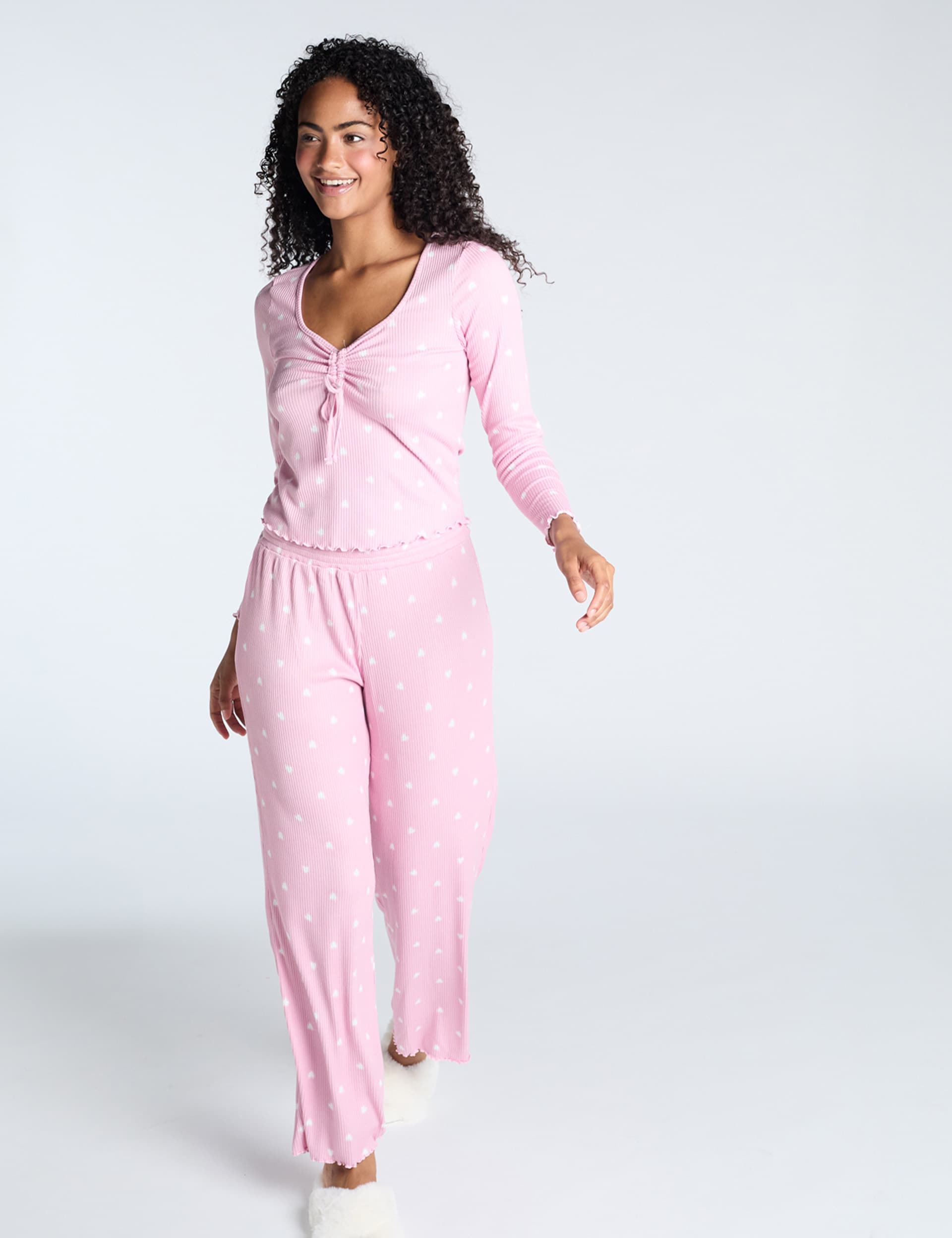 Boux Avenue Women's Ribbed Heart Print Wide Leg Pyjama Set - 12 - Pink, Pink