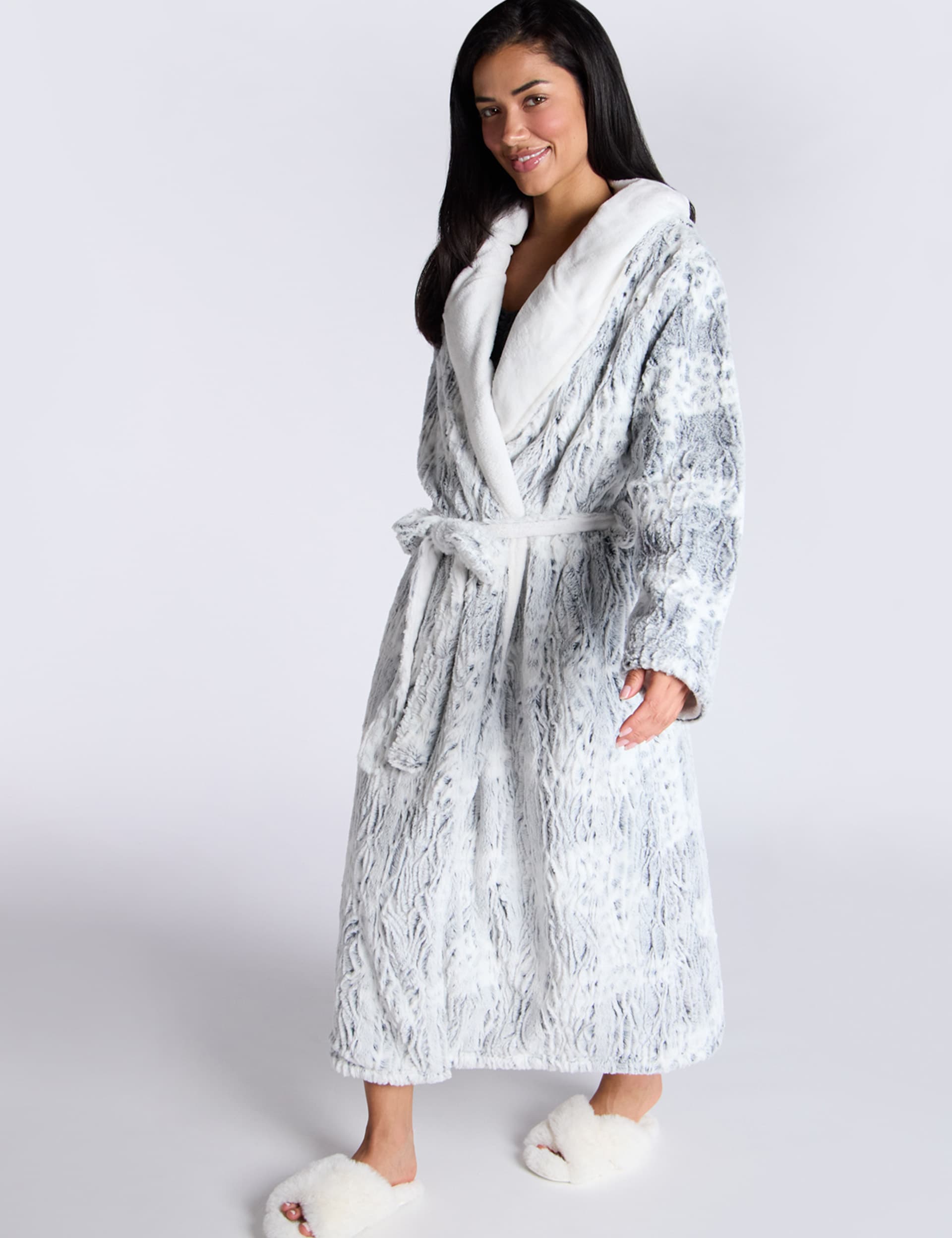 Boux Avenue Women's Plush Animal Print Hooded Robe - Grey Mix, Grey Mix