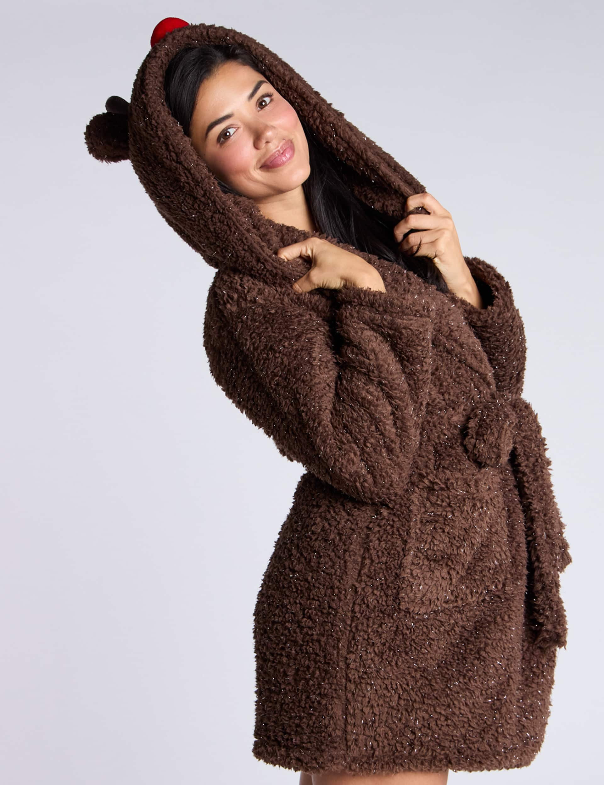 Boux Avenue Women's Christmas Reindeer Borg Robe - L - Brown Mix, Brown Mix