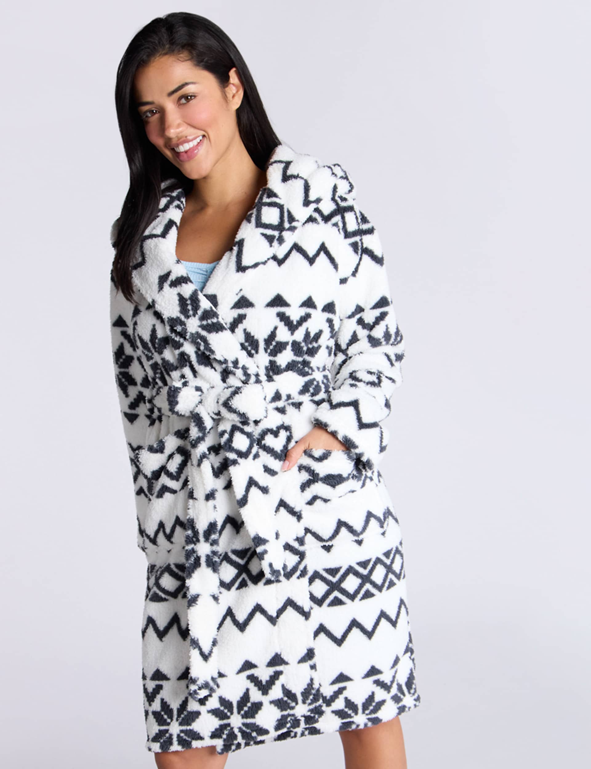 Boux Avenue Women's Borg Fair Isle Robe - Ivory Mix, Ivory Mix